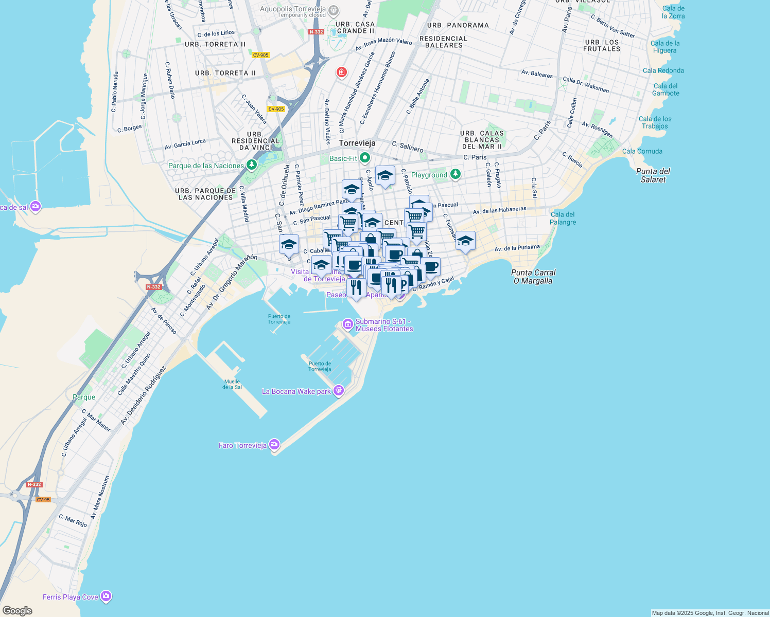 map of restaurants, bars, coffee shops, grocery stores, and more near 8B Paseo de la Libertad in Torrevieja