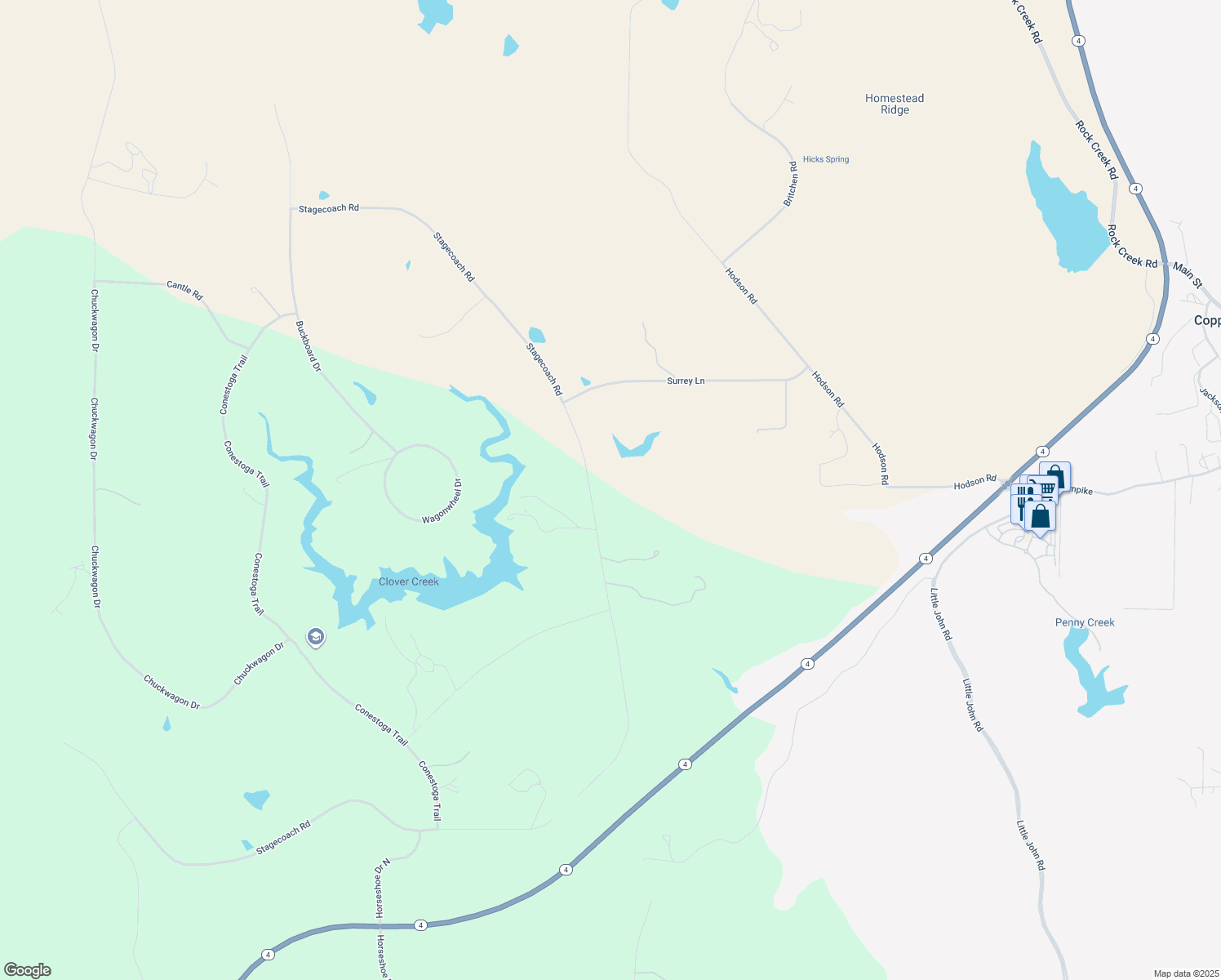 map of restaurants, bars, coffee shops, grocery stores, and more near 4156 Stagecoach Road in Copperopolis