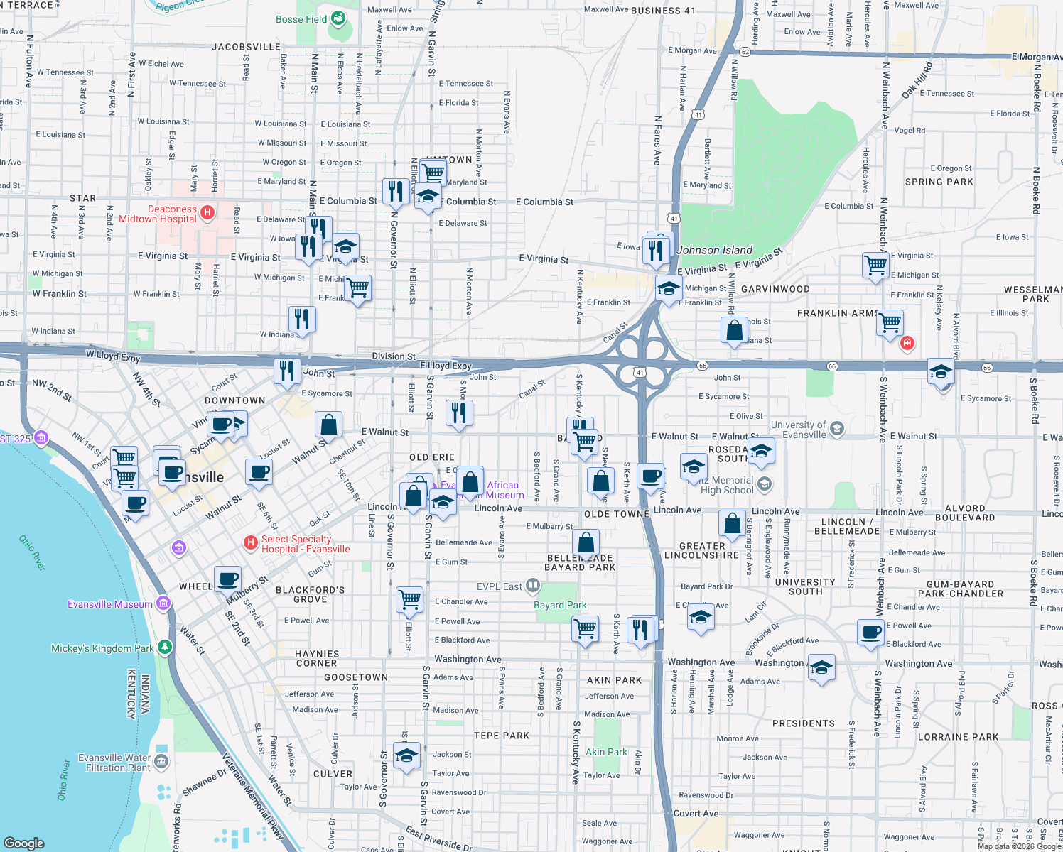 map of restaurants, bars, coffee shops, grocery stores, and more near 315 South Bedford Avenue in Evansville