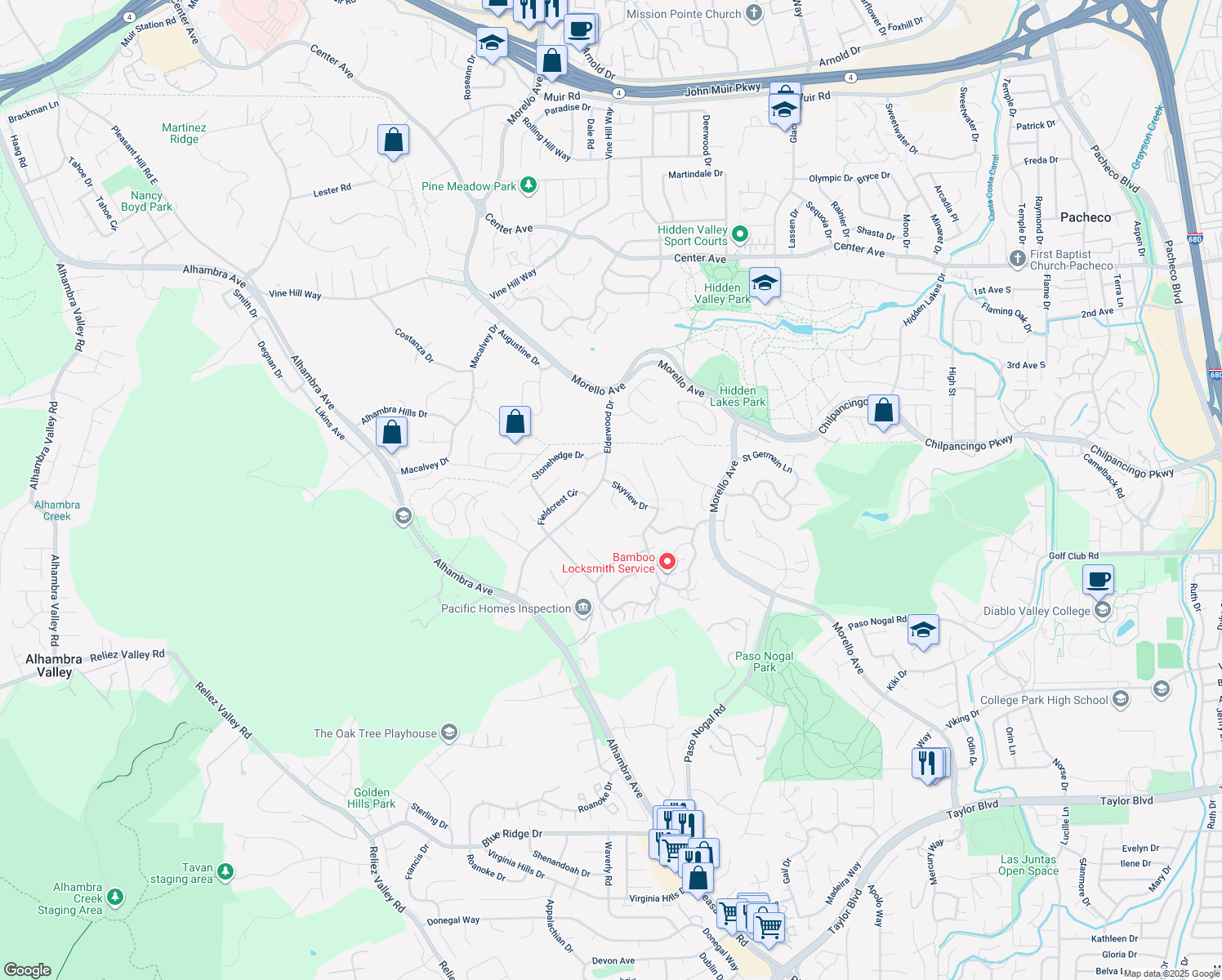 map of restaurants, bars, coffee shops, grocery stores, and more near 400 Sprucewood Court in Pleasant Hill