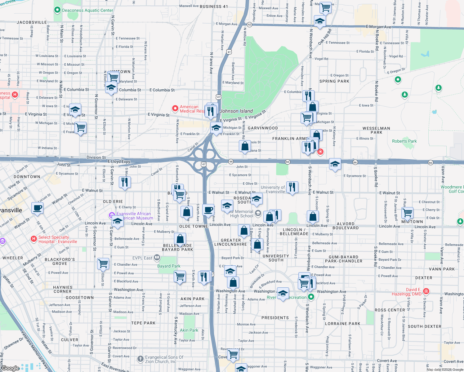 map of restaurants, bars, coffee shops, grocery stores, and more near 1324 East Walnut Street in Evansville