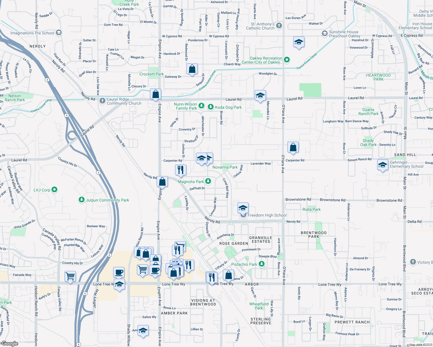 map of restaurants, bars, coffee shops, grocery stores, and more near 172 Coral Bell Way in Oakley