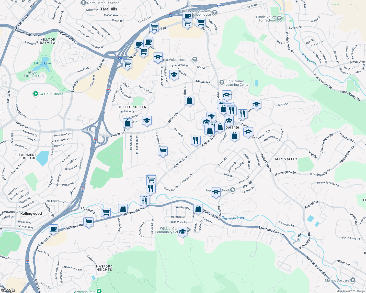 map of restaurants, bars, coffee shops, grocery stores, and more near 493 Pebble Drive in El Sobrante