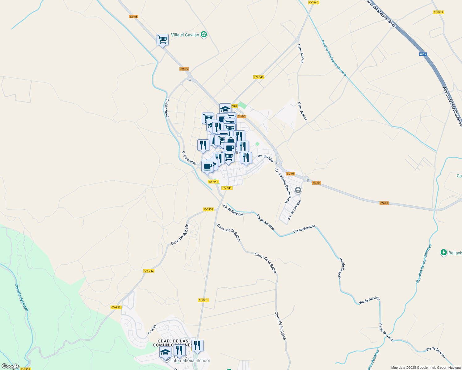 map of restaurants, bars, coffee shops, grocery stores, and more near 37 Calle de Galant Delgado in San Miguel de Salinas