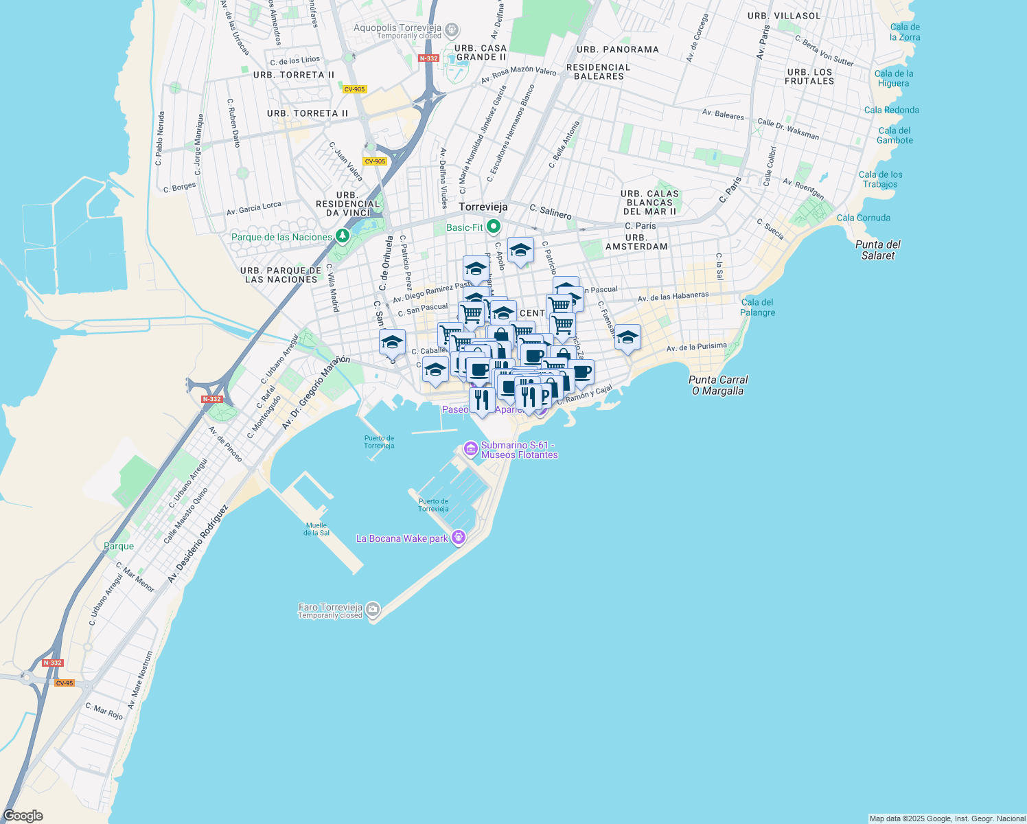 map of restaurants, bars, coffee shops, grocery stores, and more near 8B Paseo de la Libertad in Torrevieja