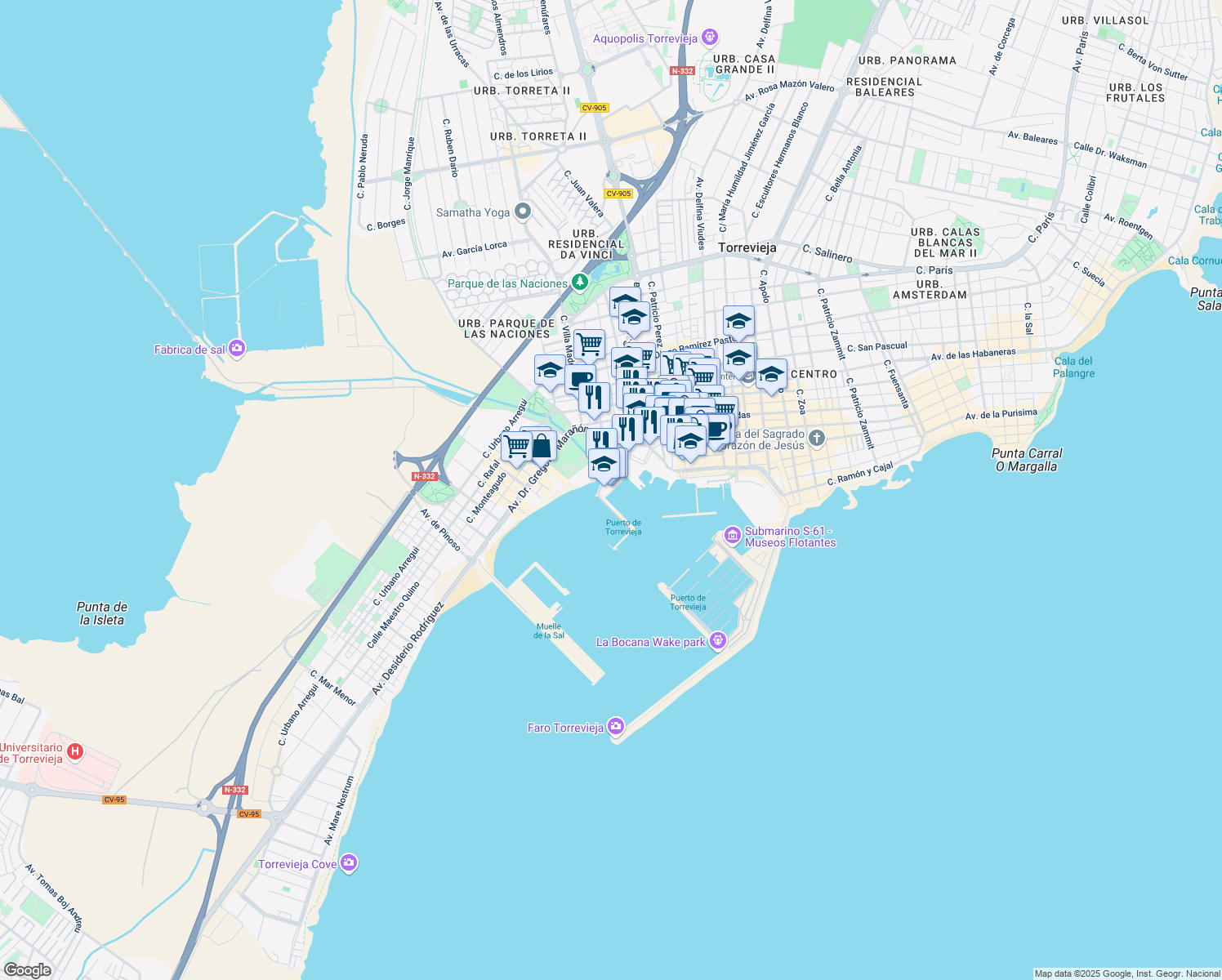 map of restaurants, bars, coffee shops, grocery stores, and more near 7 Calle Salero in Torrevieja