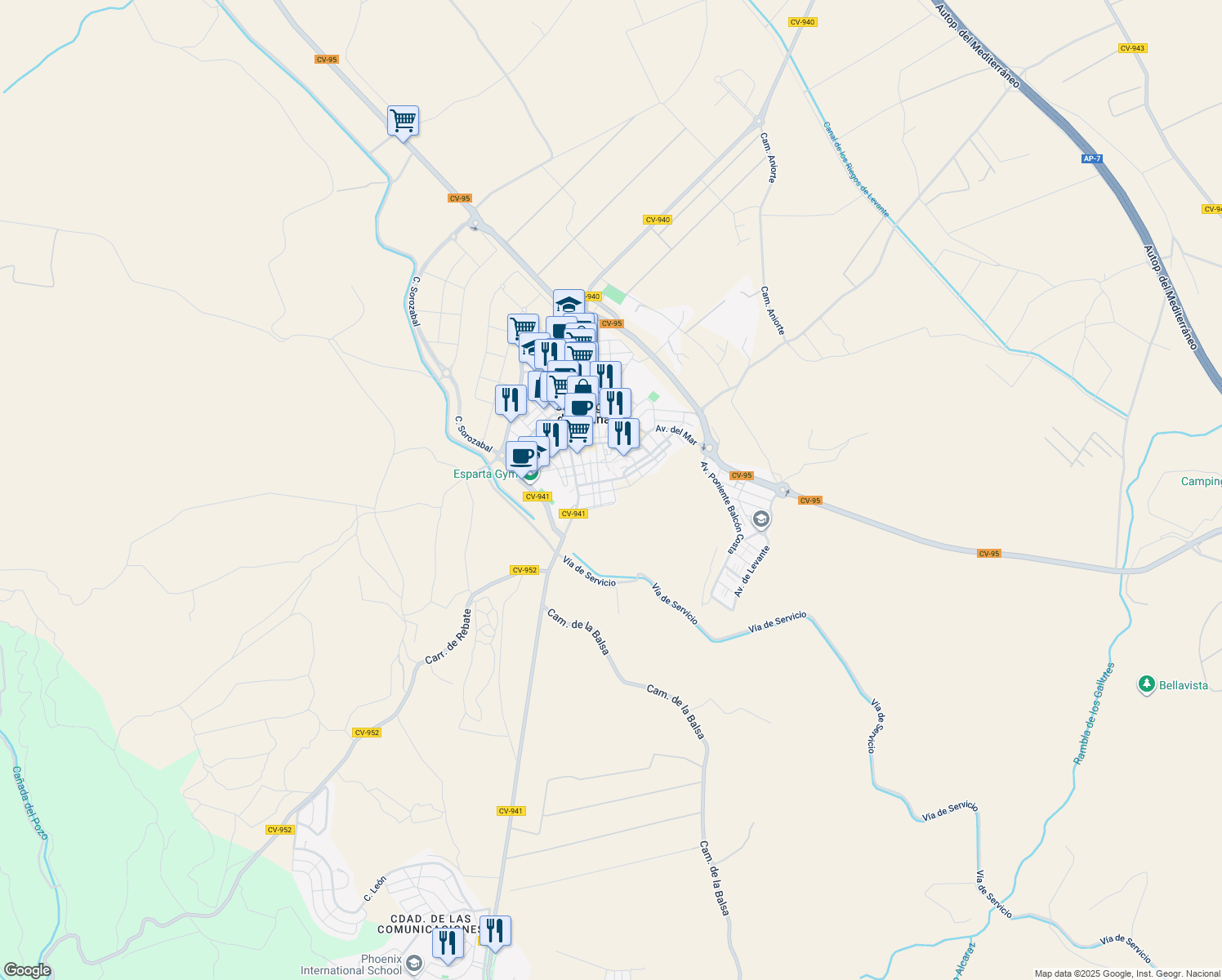 map of restaurants, bars, coffee shops, grocery stores, and more near 2 Calle Juan M Galán in San Miguel de Salinas