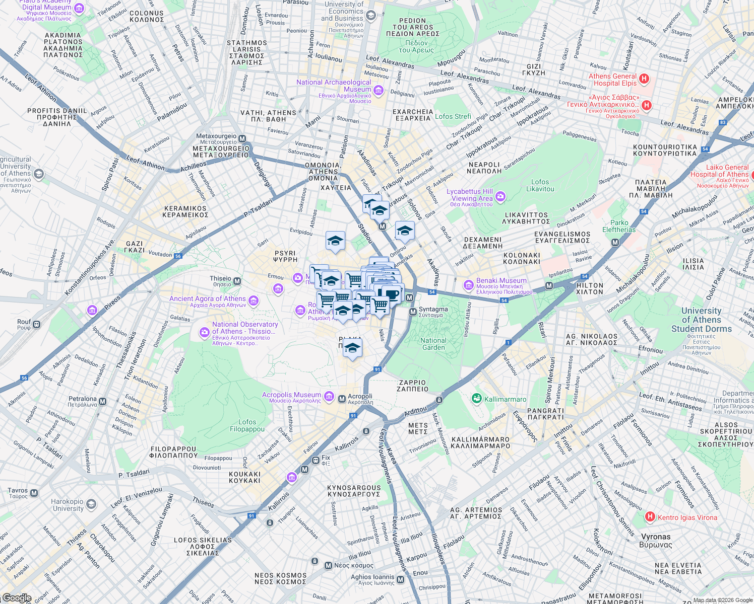 map of restaurants, bars, coffee shops, grocery stores, and more near in Athina