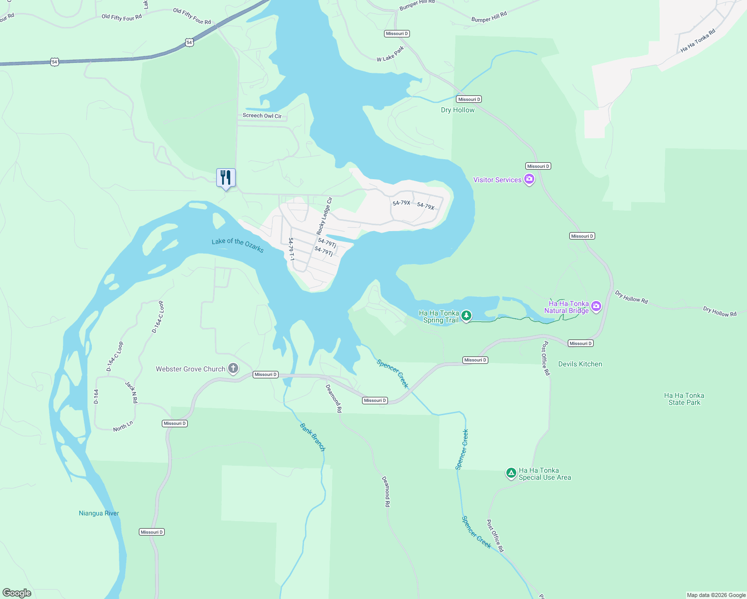 map of restaurants, bars, coffee shops, grocery stores, and more near 476 Tonka Spring Road in Camdenton
