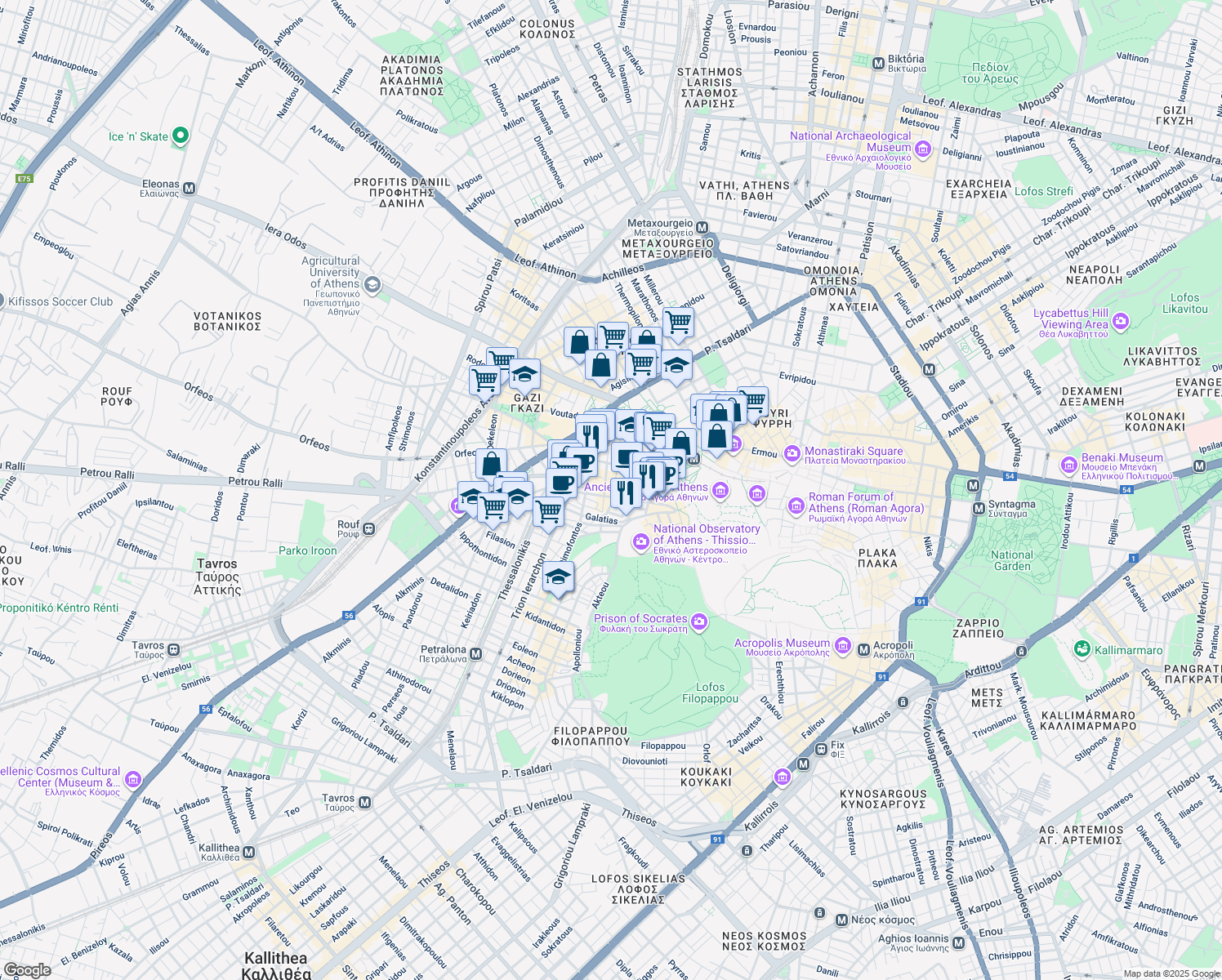 map of restaurants, bars, coffee shops, grocery stores, and more near in Athina