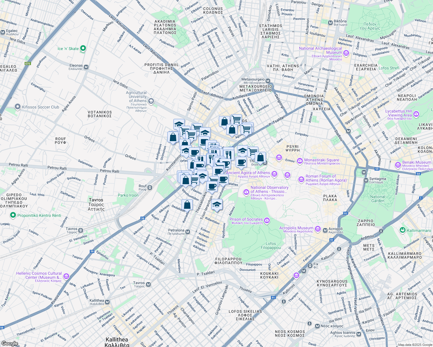 map of restaurants, bars, coffee shops, grocery stores, and more near in Athina