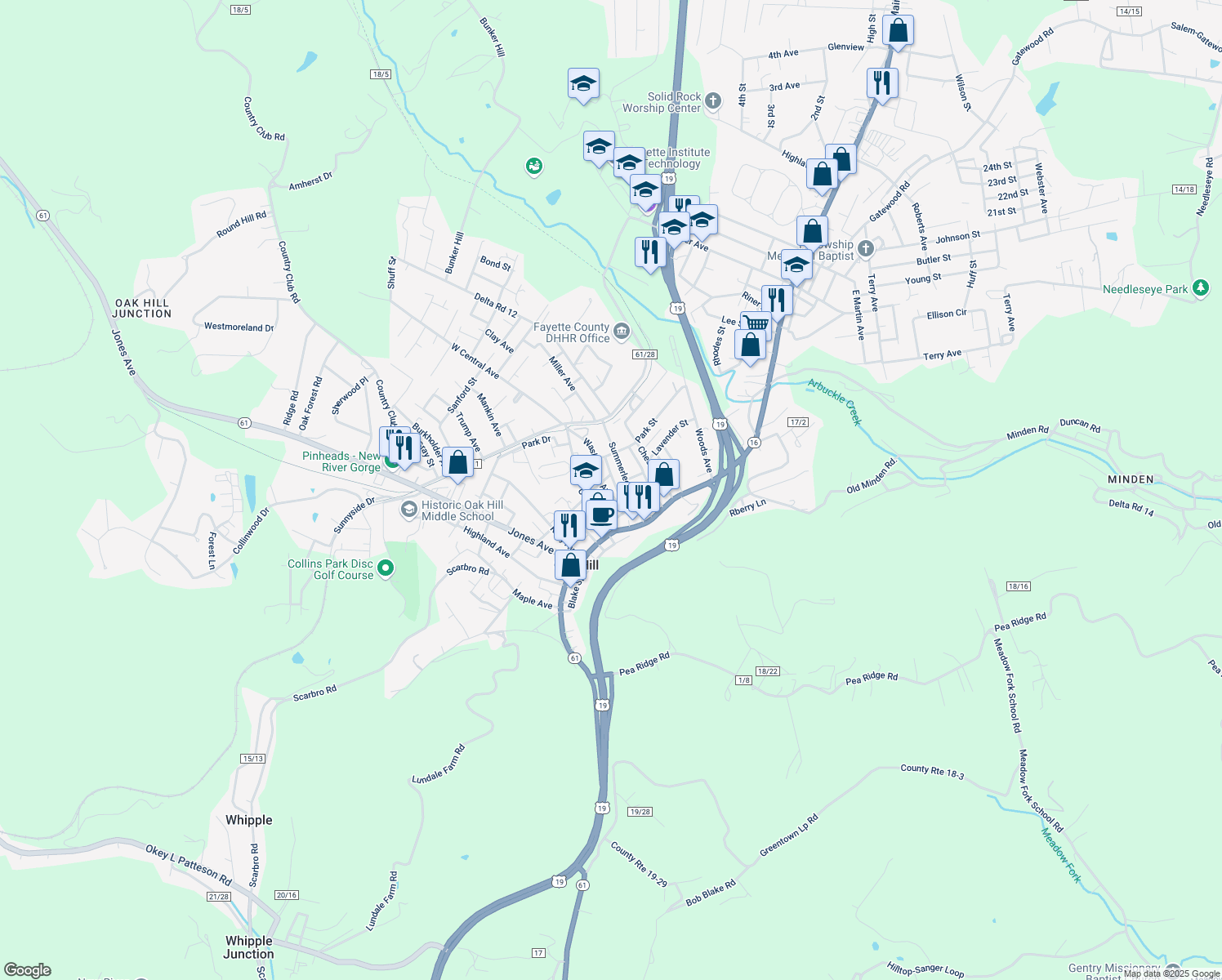 map of restaurants, bars, coffee shops, grocery stores, and more near 74 Washington Avenue in Oak Hill