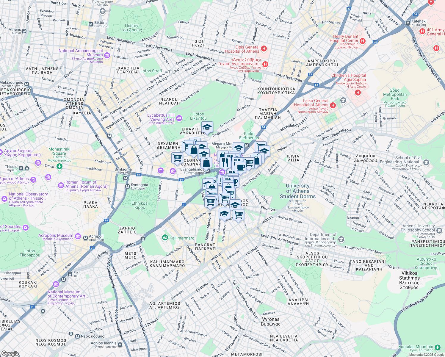 map of restaurants, bars, coffee shops, grocery stores, and more near in Athina
