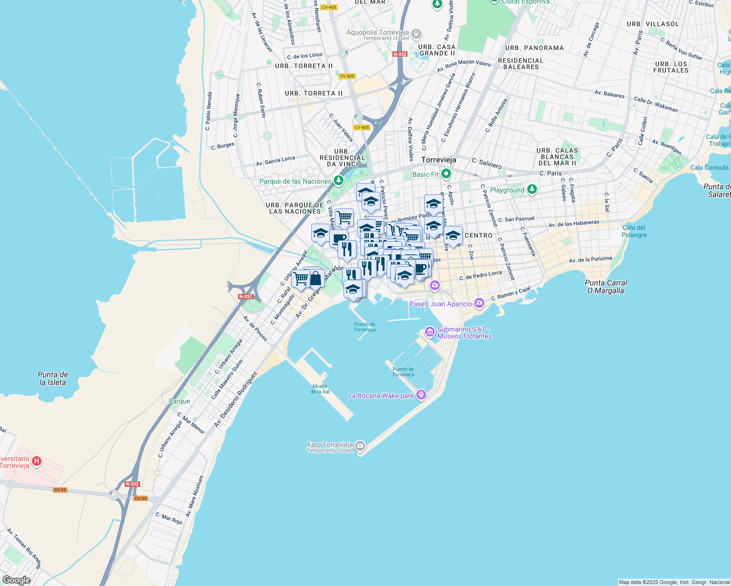 map of restaurants, bars, coffee shops, grocery stores, and more near 7 Calle Salero in Torrevieja