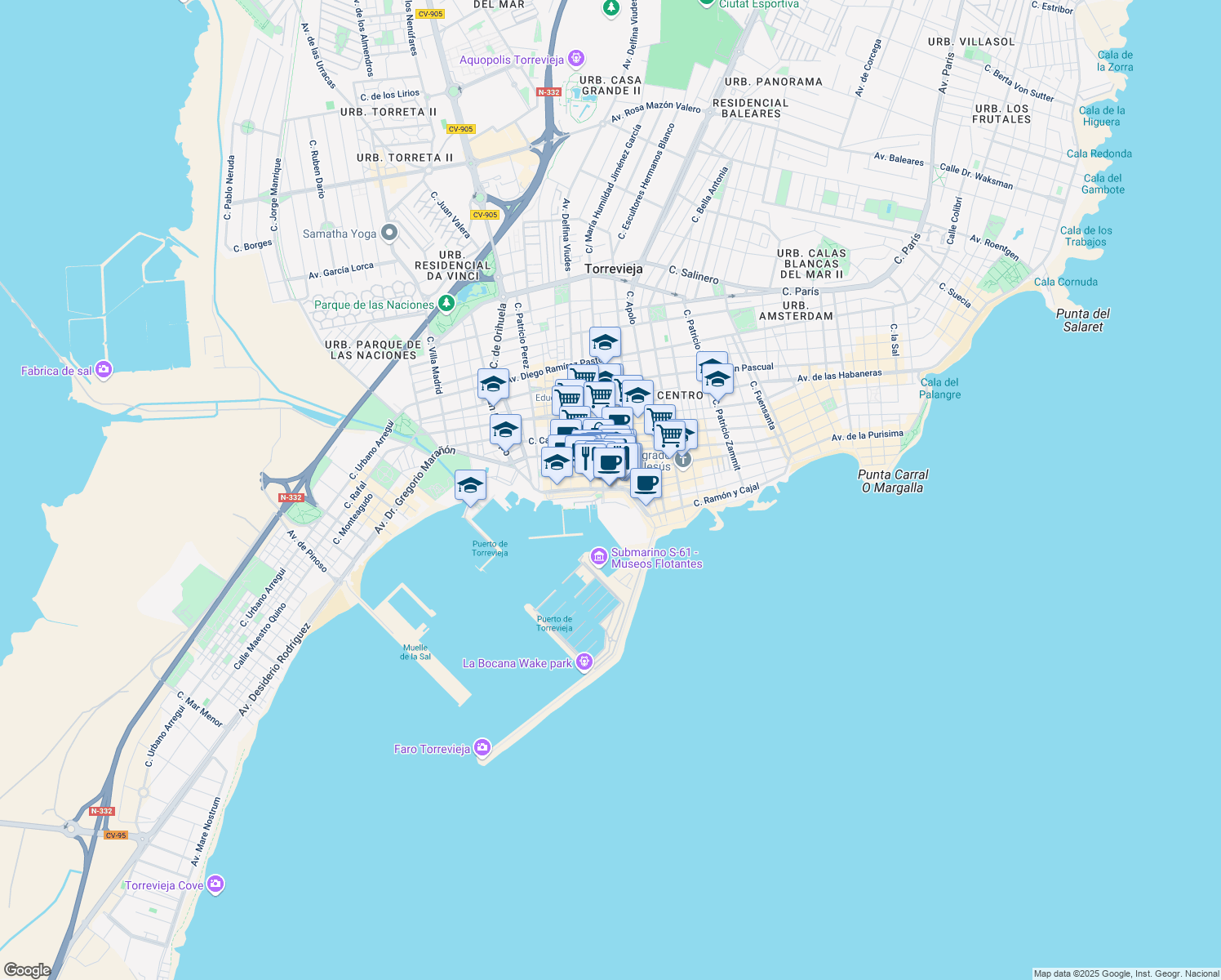 map of restaurants, bars, coffee shops, grocery stores, and more near Paseo de la Libertad in Torrevieja