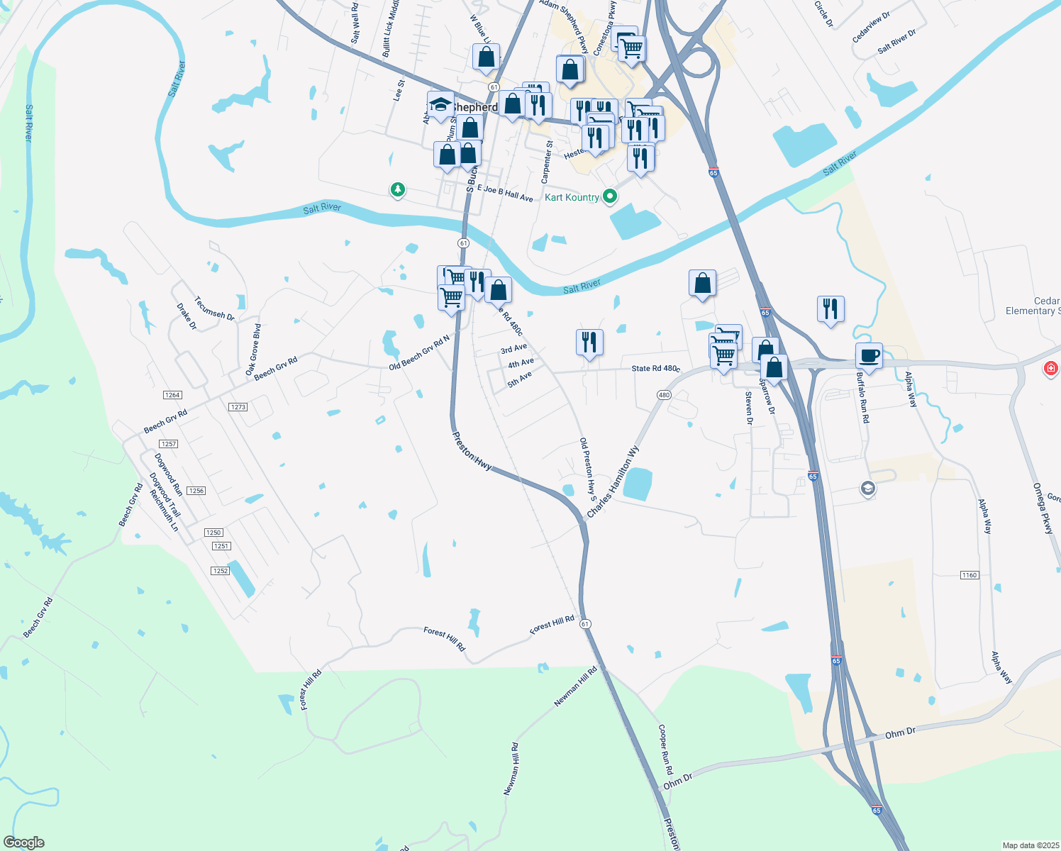map of restaurants, bars, coffee shops, grocery stores, and more near 239 7th Avenue in Shepherdsville