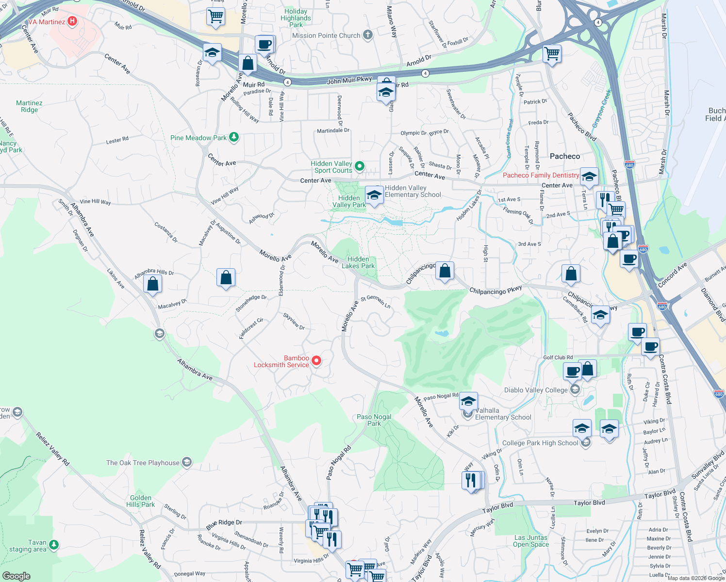 map of restaurants, bars, coffee shops, grocery stores, and more near 2042 Lost Lake Place in Martinez
