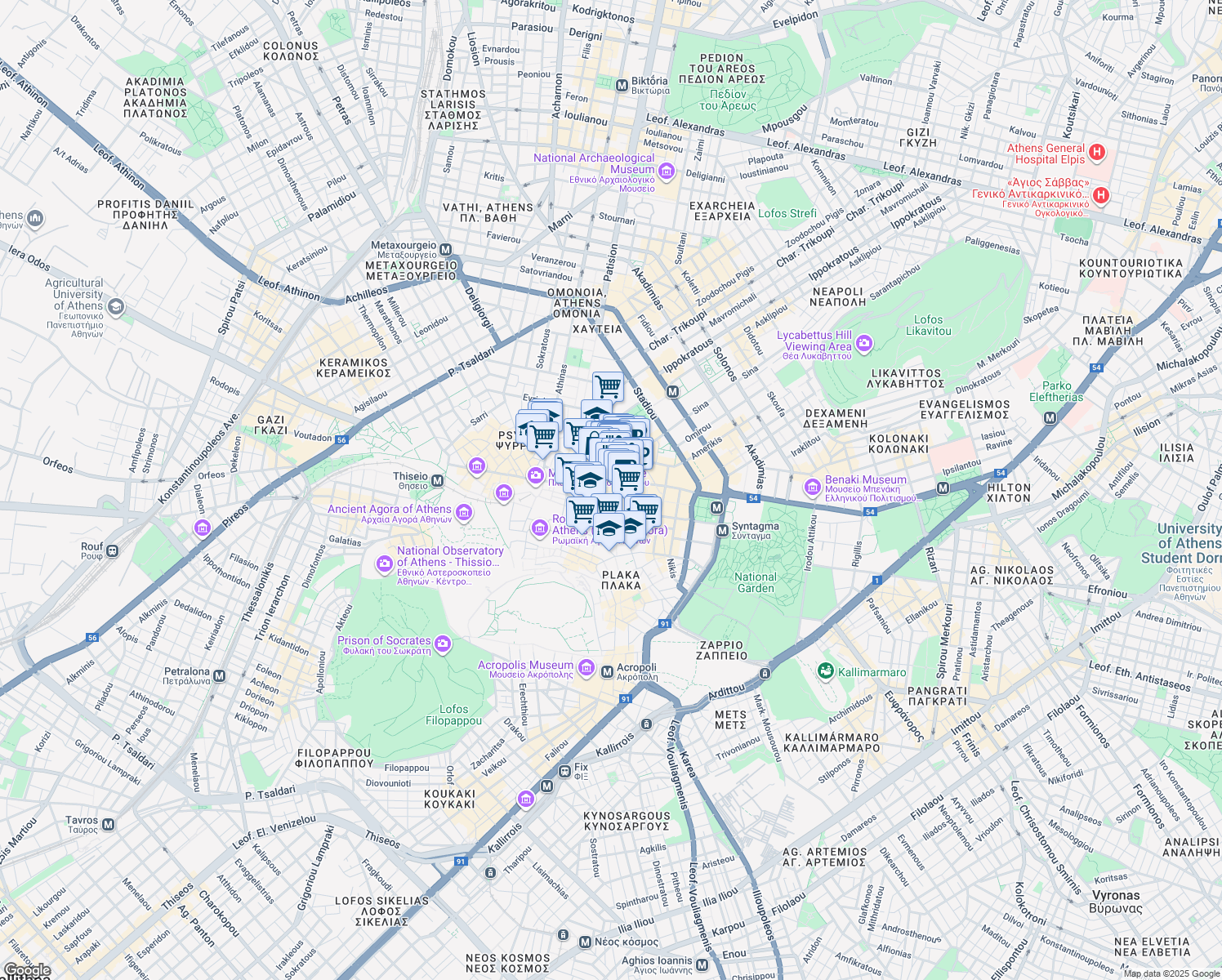 map of restaurants, bars, coffee shops, grocery stores, and more near in Athina