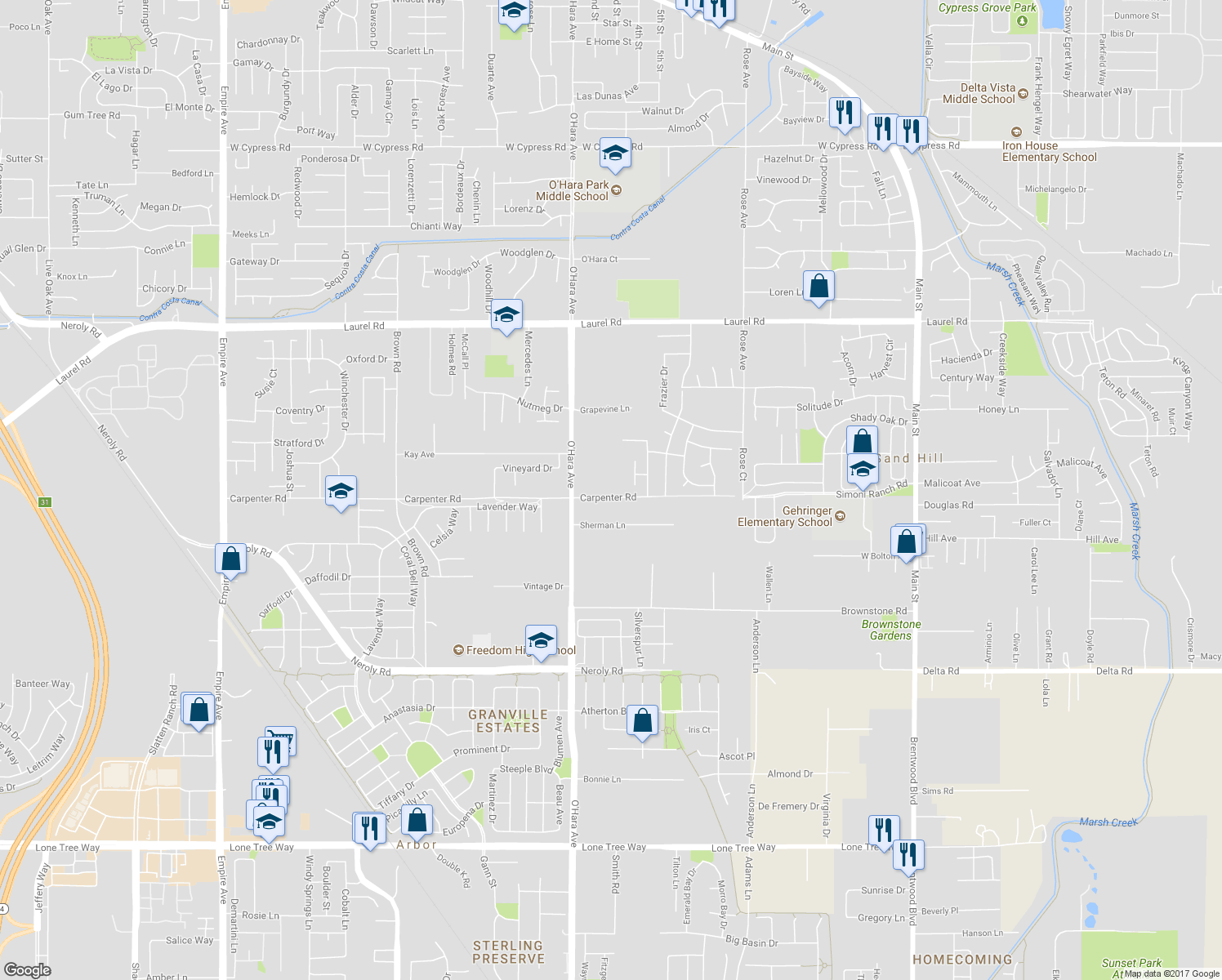 map of restaurants, bars, coffee shops, grocery stores, and more near 918 Carpenter Road in Oakley