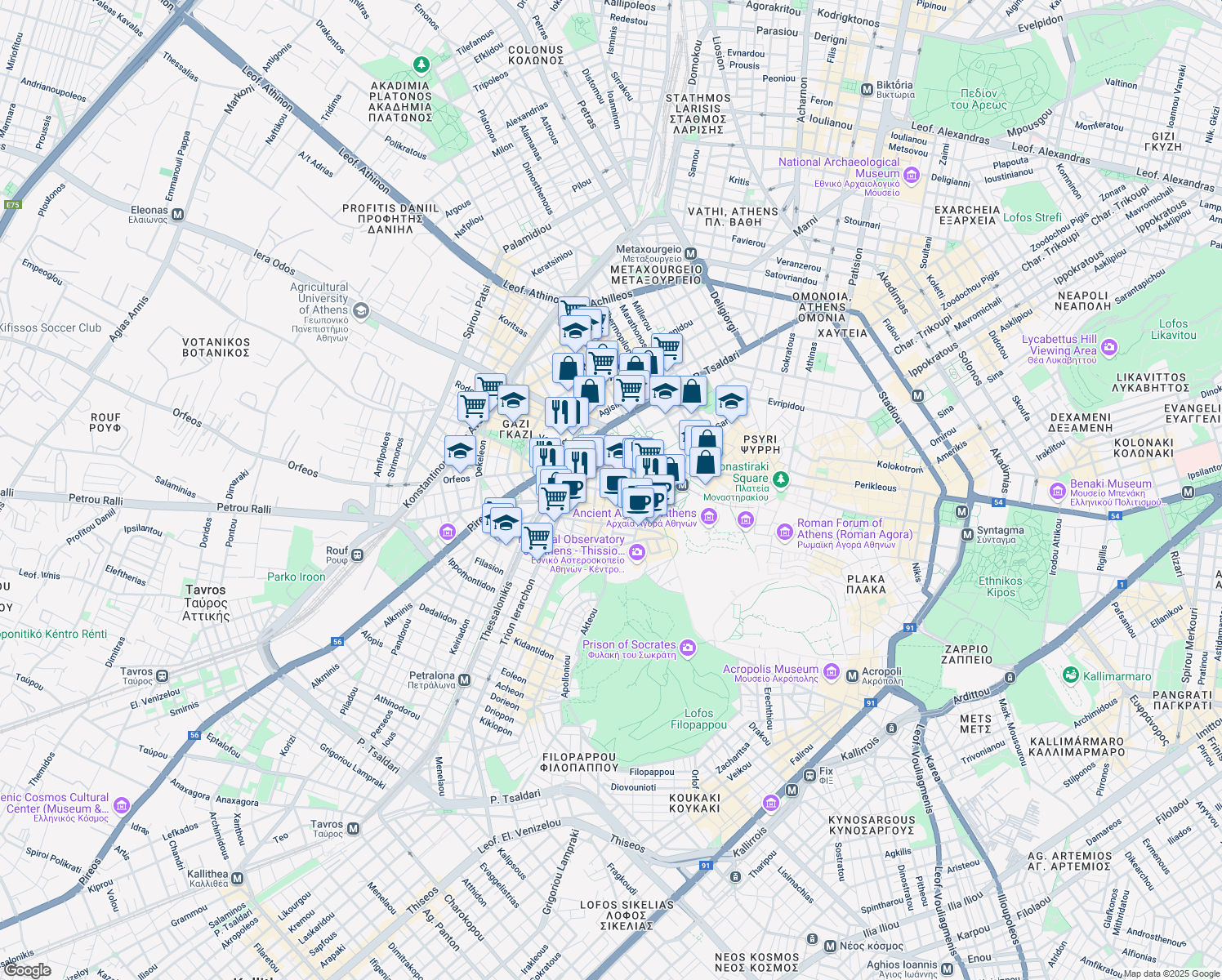 map of restaurants, bars, coffee shops, grocery stores, and more near in Athina