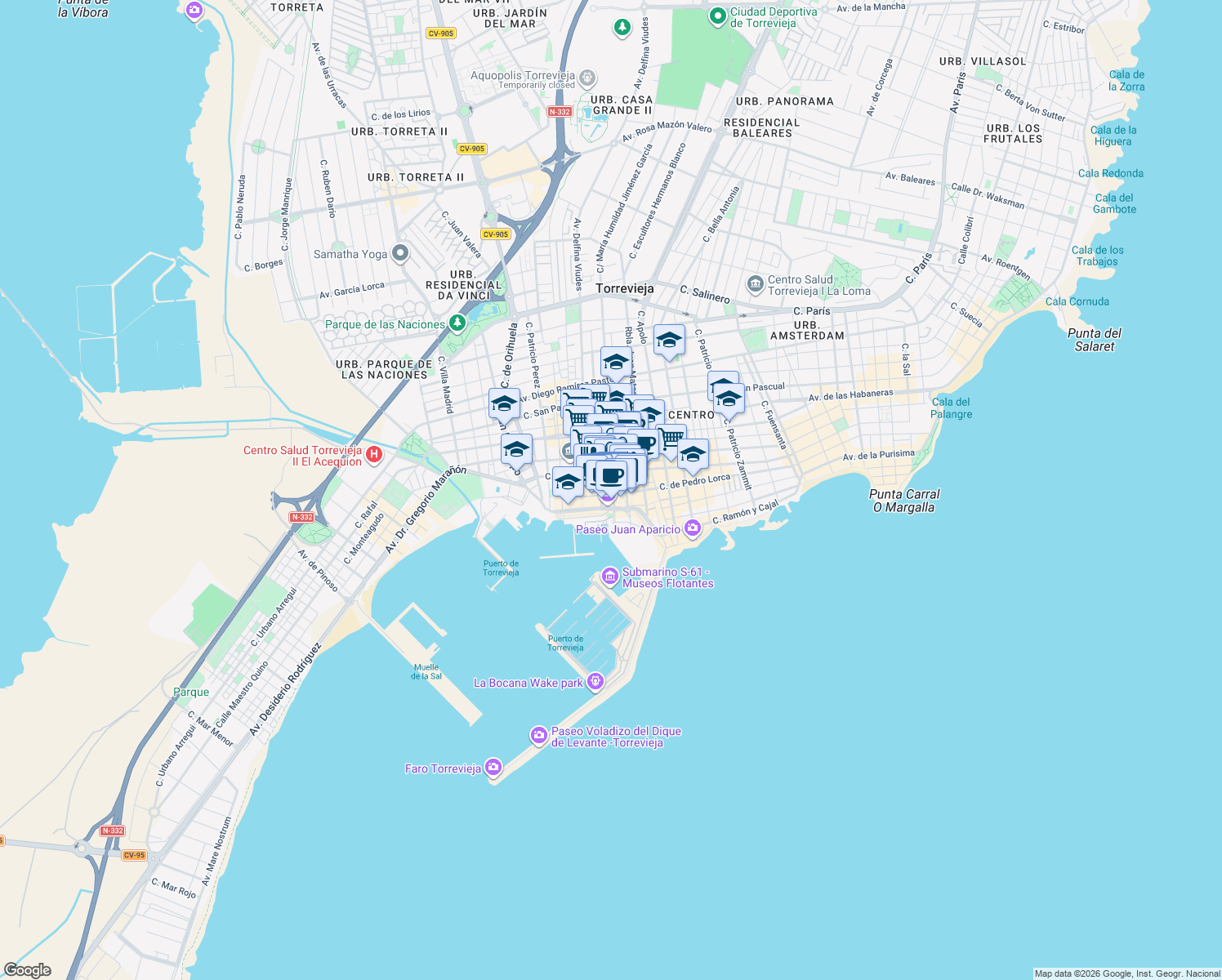 map of restaurants, bars, coffee shops, grocery stores, and more near 4 Calle Joaquín Chapaprieta in Torrevieja
