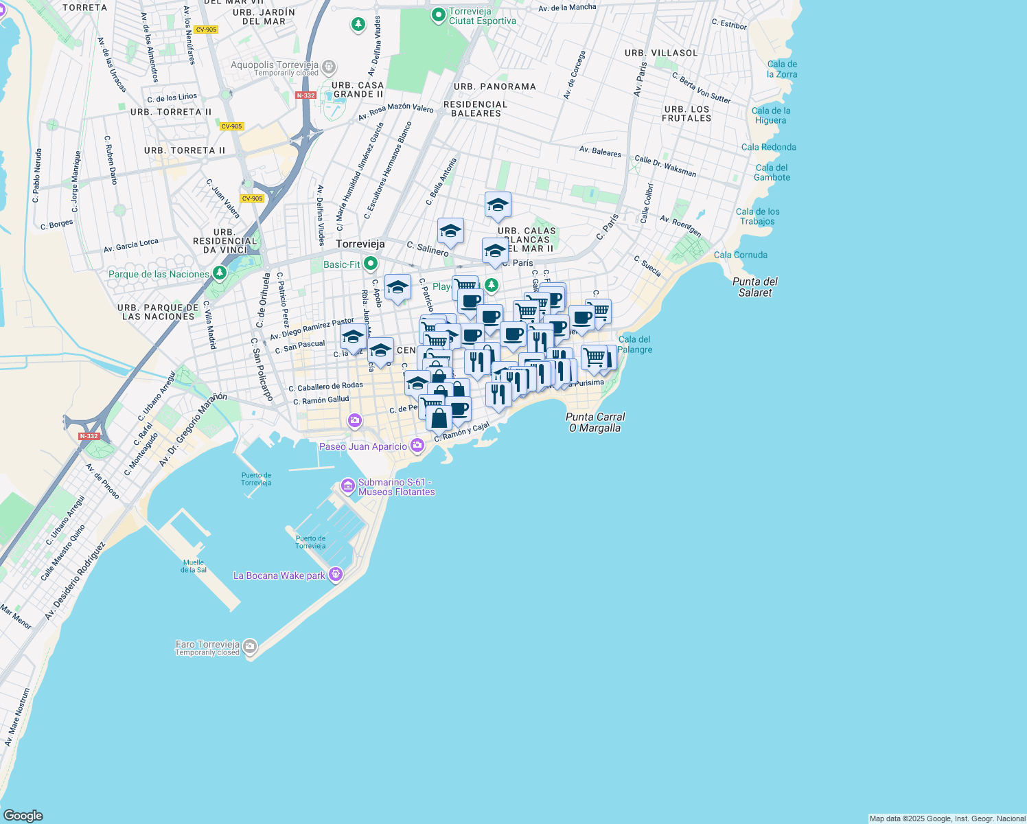 map of restaurants, bars, coffee shops, grocery stores, and more near 1 Calle Almudena in Torrevieja