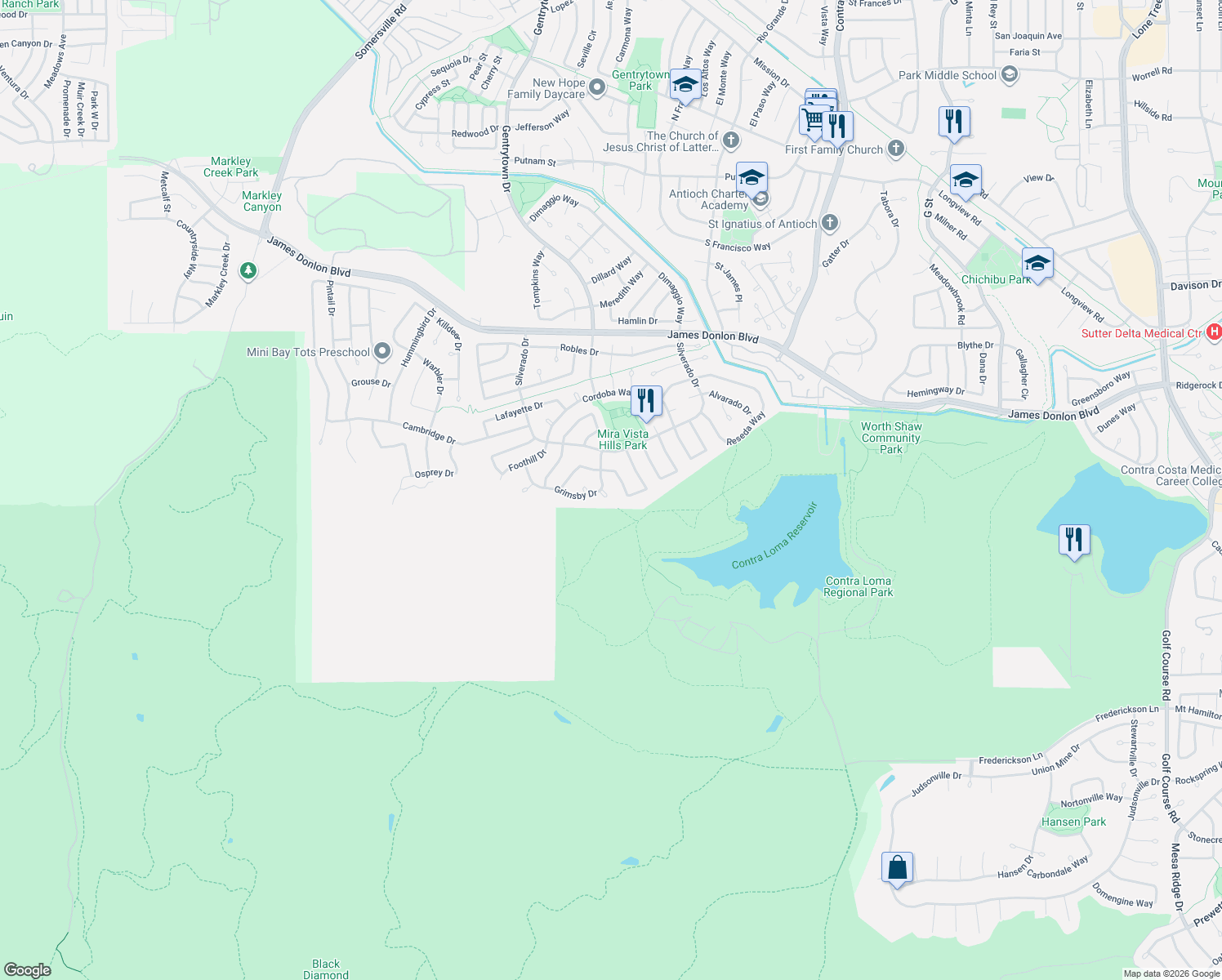 map of restaurants, bars, coffee shops, grocery stores, and more near 2323 Grimsby Court in Antioch