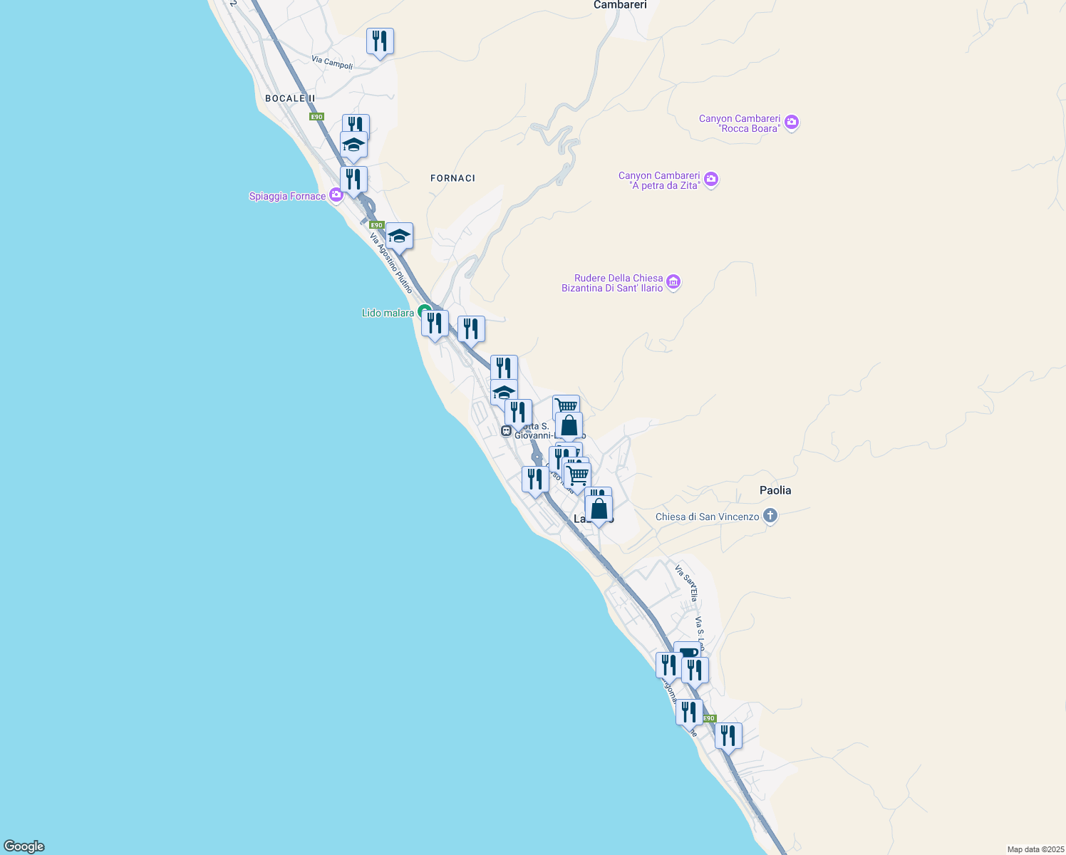 map of restaurants, bars, coffee shops, grocery stores, and more near 92 Corso Italia in Lazzaro