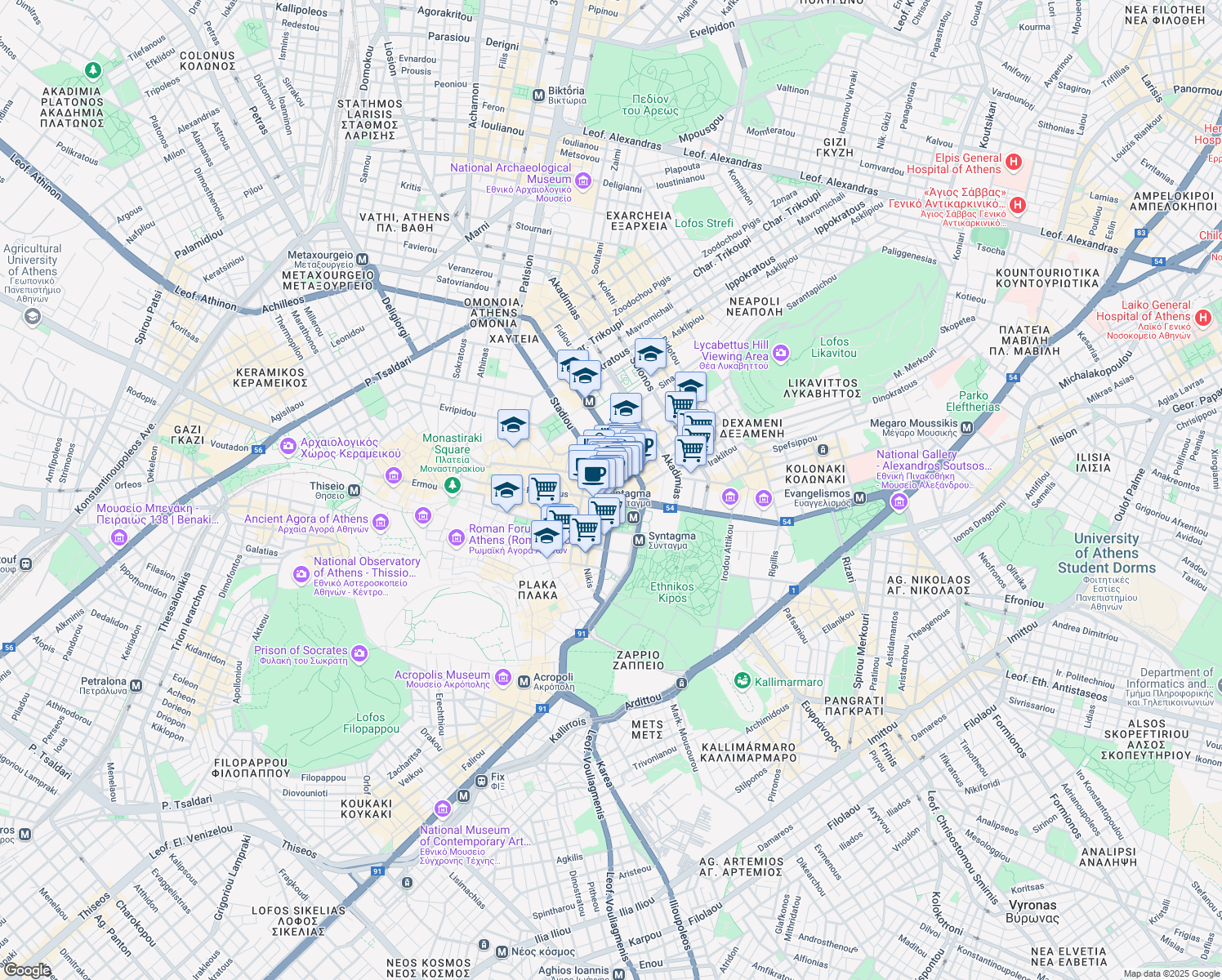 map of restaurants, bars, coffee shops, grocery stores, and more near in Athina