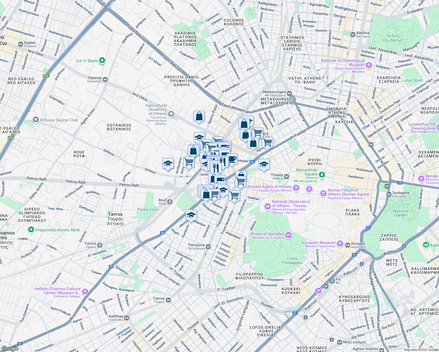 map of restaurants, bars, coffee shops, grocery stores, and more near in Athina