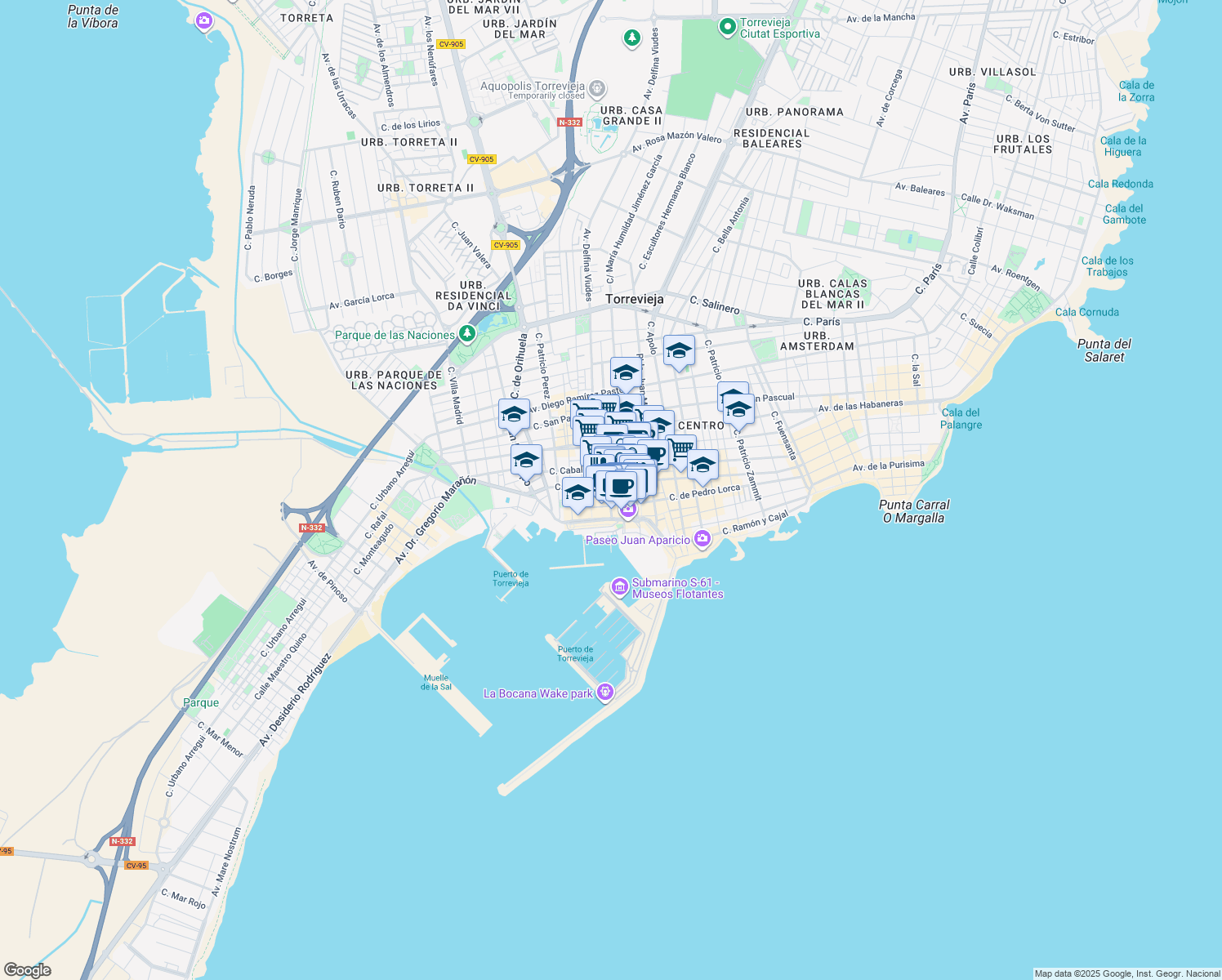 map of restaurants, bars, coffee shops, grocery stores, and more near 12 Calle José Martínez Ruiz Azorín in Torrevieja