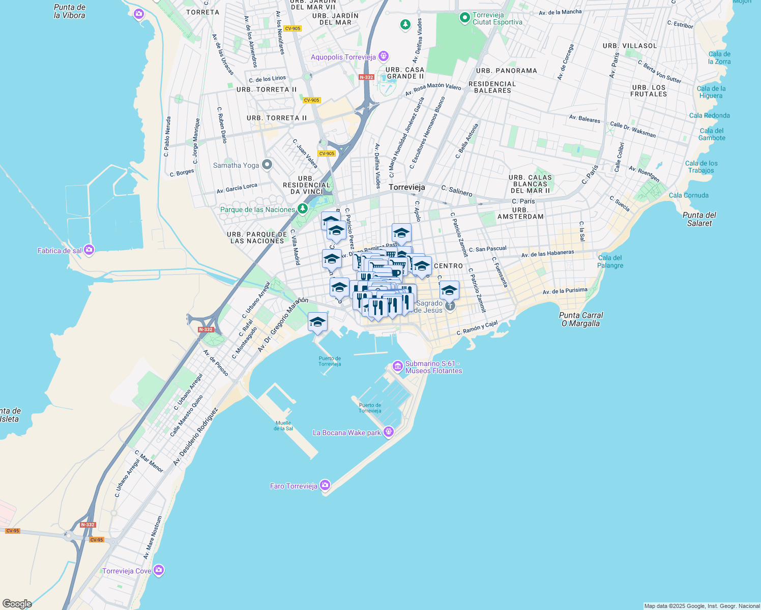 map of restaurants, bars, coffee shops, grocery stores, and more near 14D Calle Concepción in Torrevieja