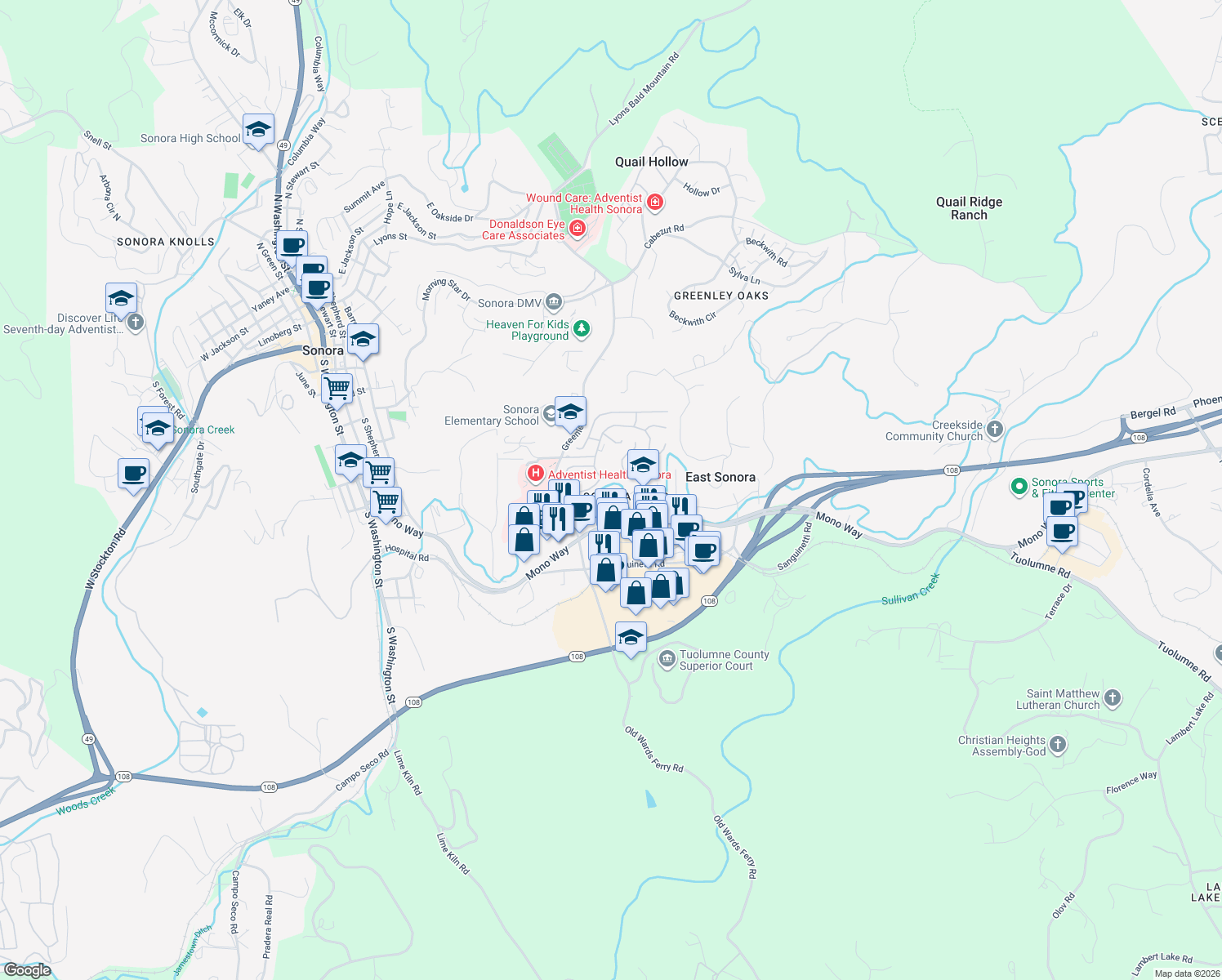 map of restaurants, bars, coffee shops, grocery stores, and more near 19550 Cameron Lane in Sonora