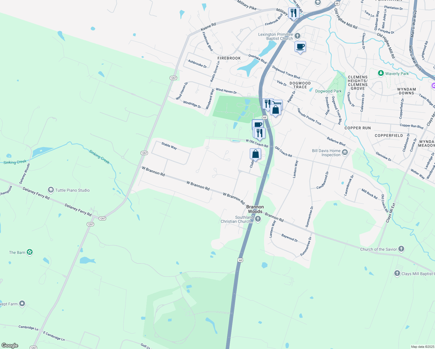 map of restaurants, bars, coffee shops, grocery stores, and more near 110 Woodside Way in Nicholasville