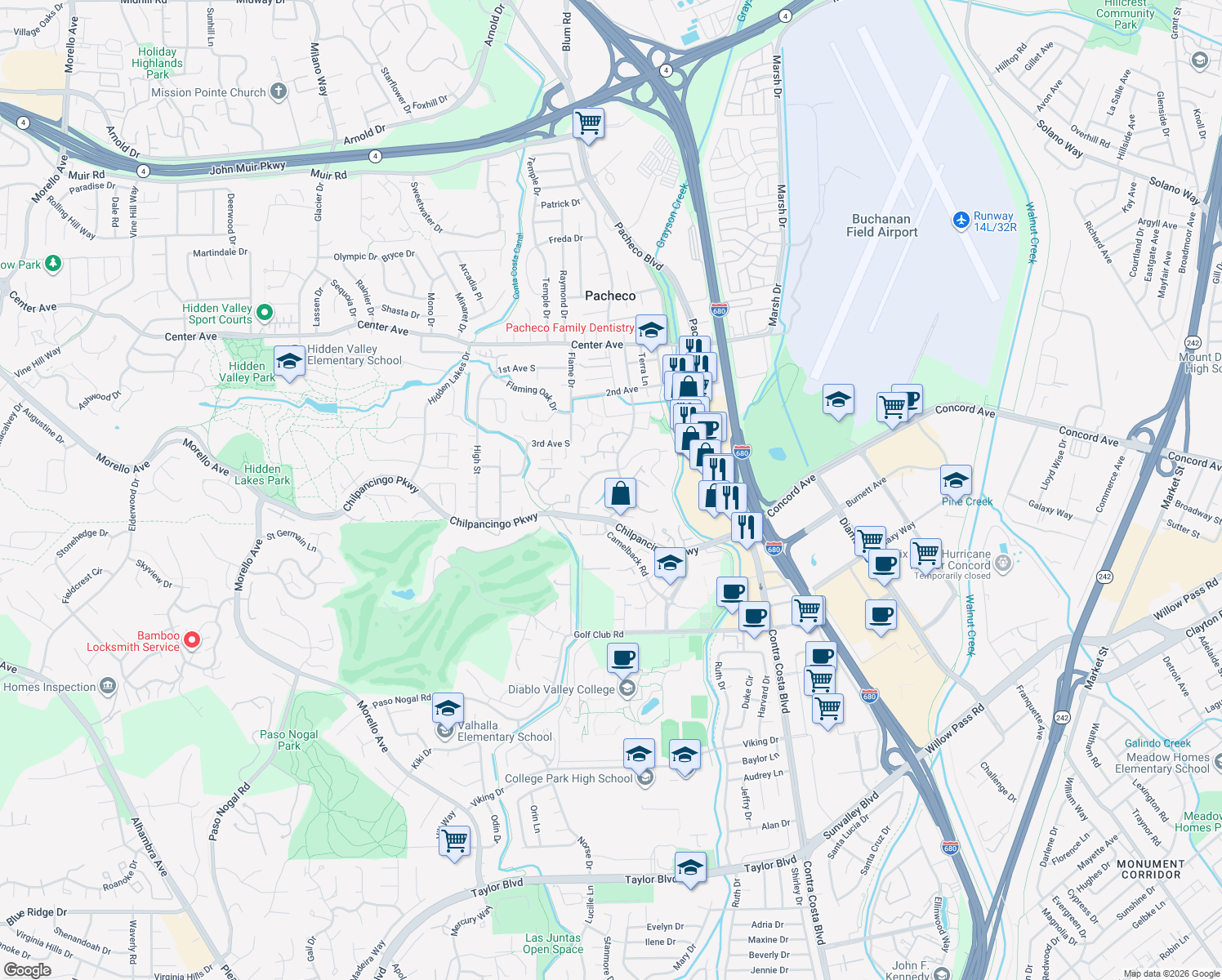 map of restaurants, bars, coffee shops, grocery stores, and more near 446 Camelback Road in Pleasant Hill