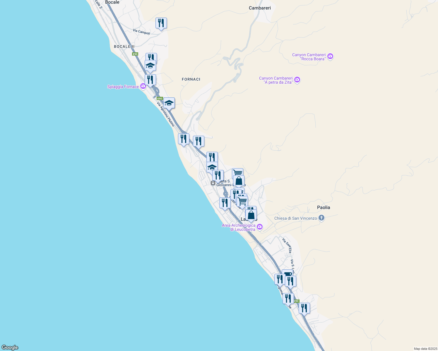 map of restaurants, bars, coffee shops, grocery stores, and more near 92 Via Nazionale in Lazzaro
