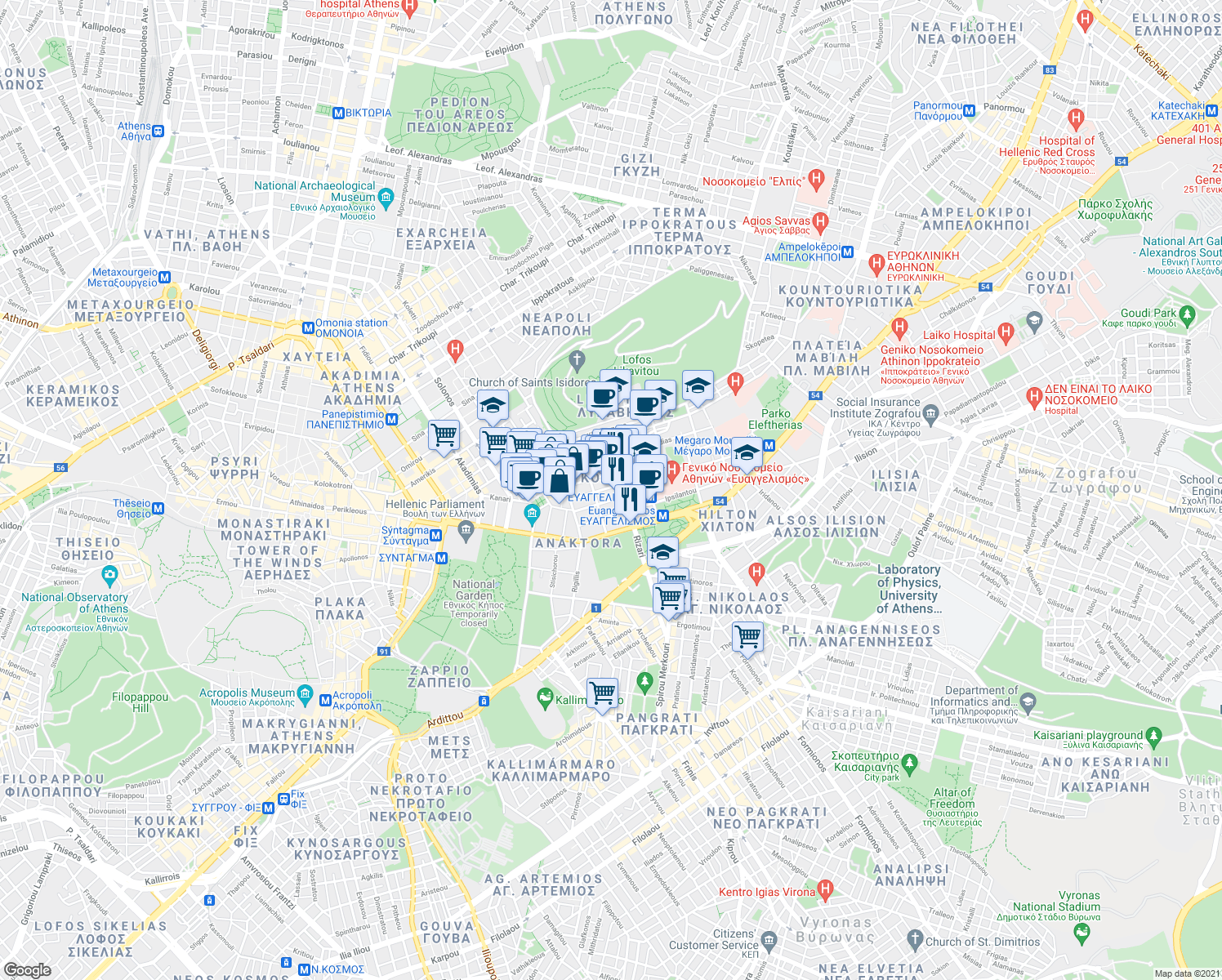 map of restaurants, bars, coffee shops, grocery stores, and more near in Athens
