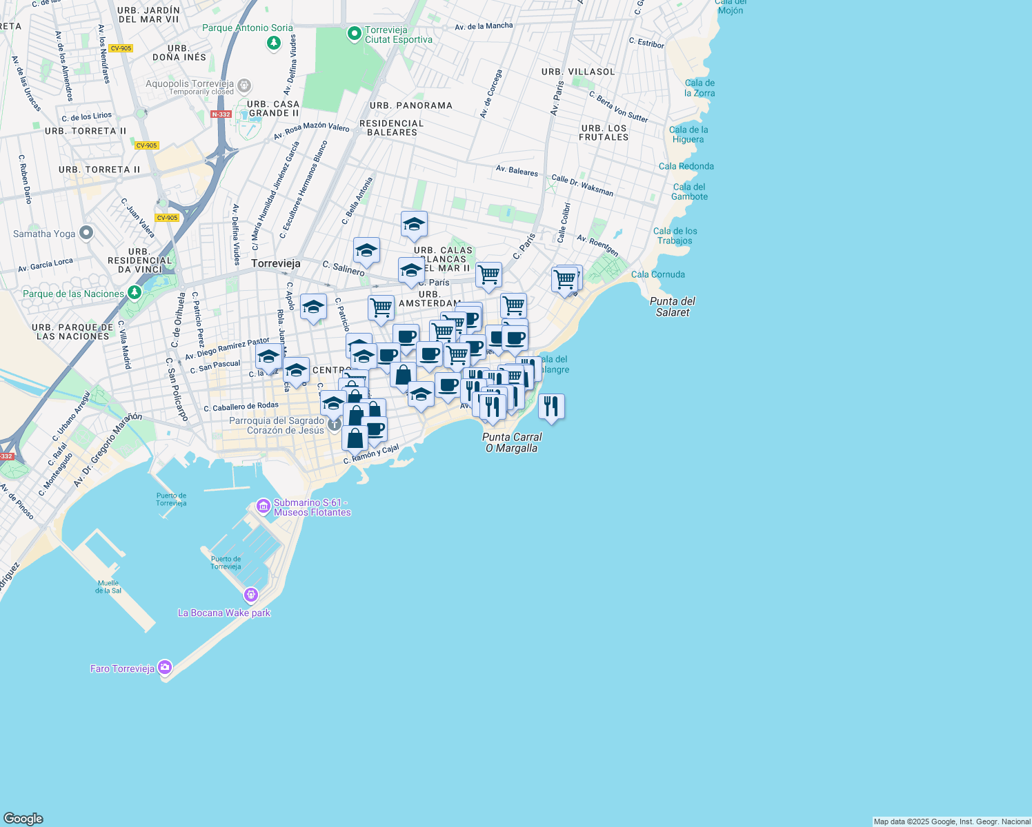 map of restaurants, bars, coffee shops, grocery stores, and more near 4A Calle Navegantes in Torrevieja