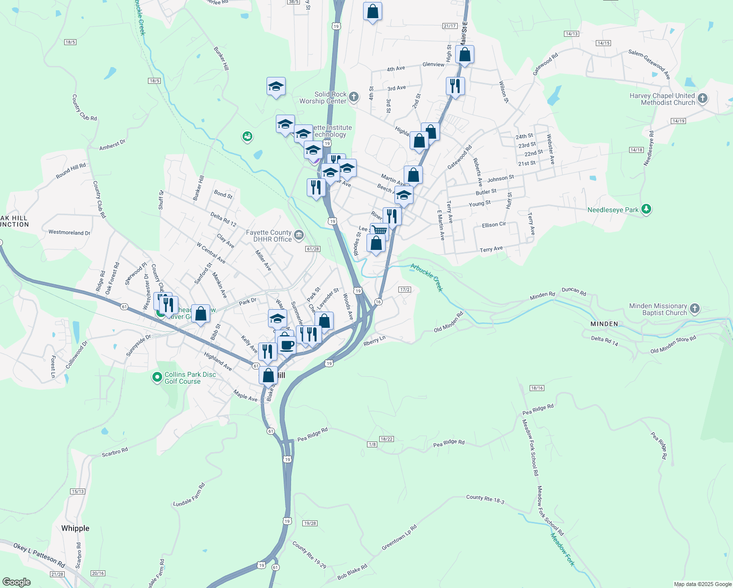 map of restaurants, bars, coffee shops, grocery stores, and more near Woodlawn Ave in Oak Hill