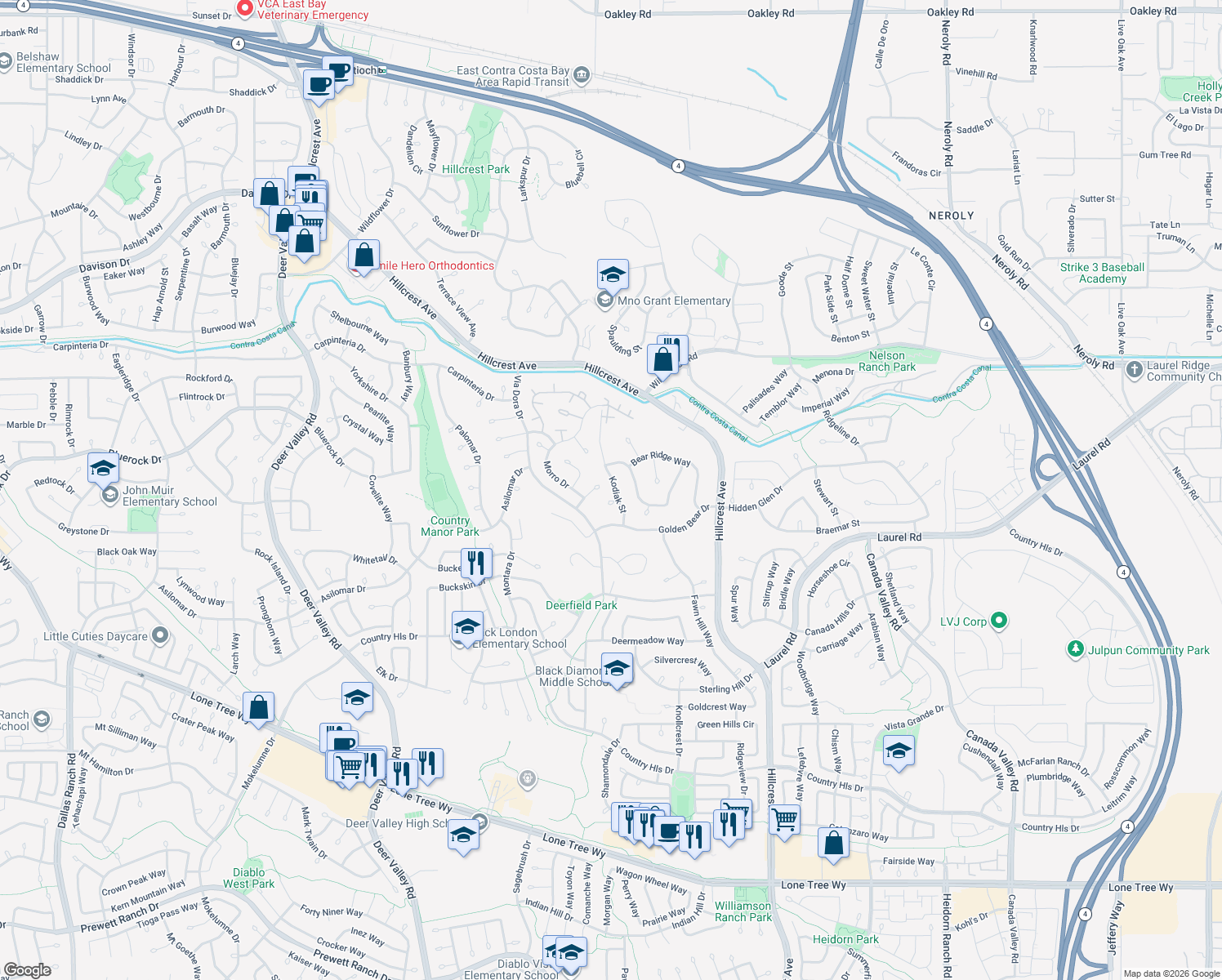 map of restaurants, bars, coffee shops, grocery stores, and more near 3300 Kodiak Street in Antioch