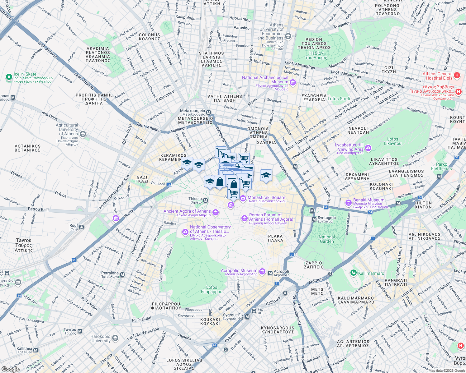 map of restaurants, bars, coffee shops, grocery stores, and more near in Athens