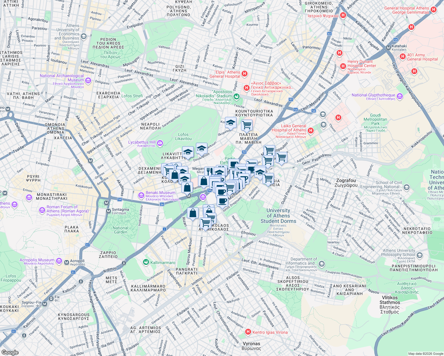 map of restaurants, bars, coffee shops, grocery stores, and more near Leoforos Vasilissis Sofias in Athens