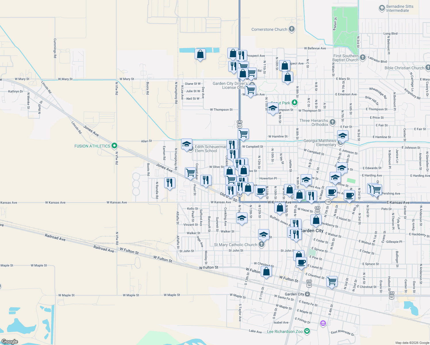 map of restaurants, bars, coffee shops, grocery stores, and more near 1318 Bancroft St in Garden City