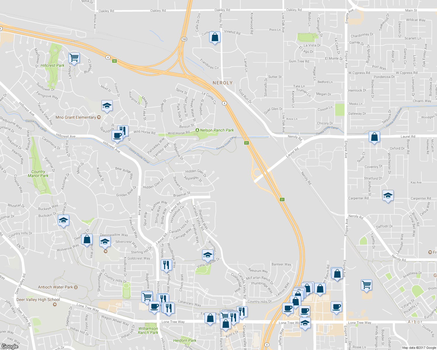 map of restaurants, bars, coffee shops, grocery stores, and more near 4645 Glasgow Court in Antioch