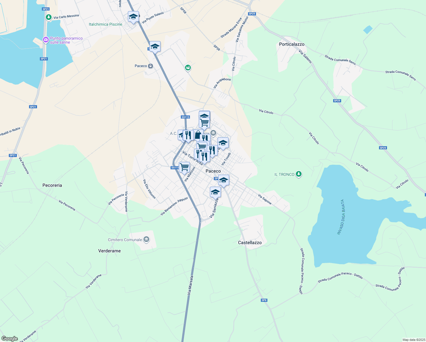 map of restaurants, bars, coffee shops, grocery stores, and more near 100 Via Torre Arsa in Paceco