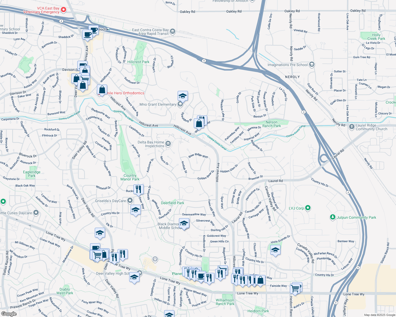 map of restaurants, bars, coffee shops, grocery stores, and more near 3238 Panda Ct in Antioch