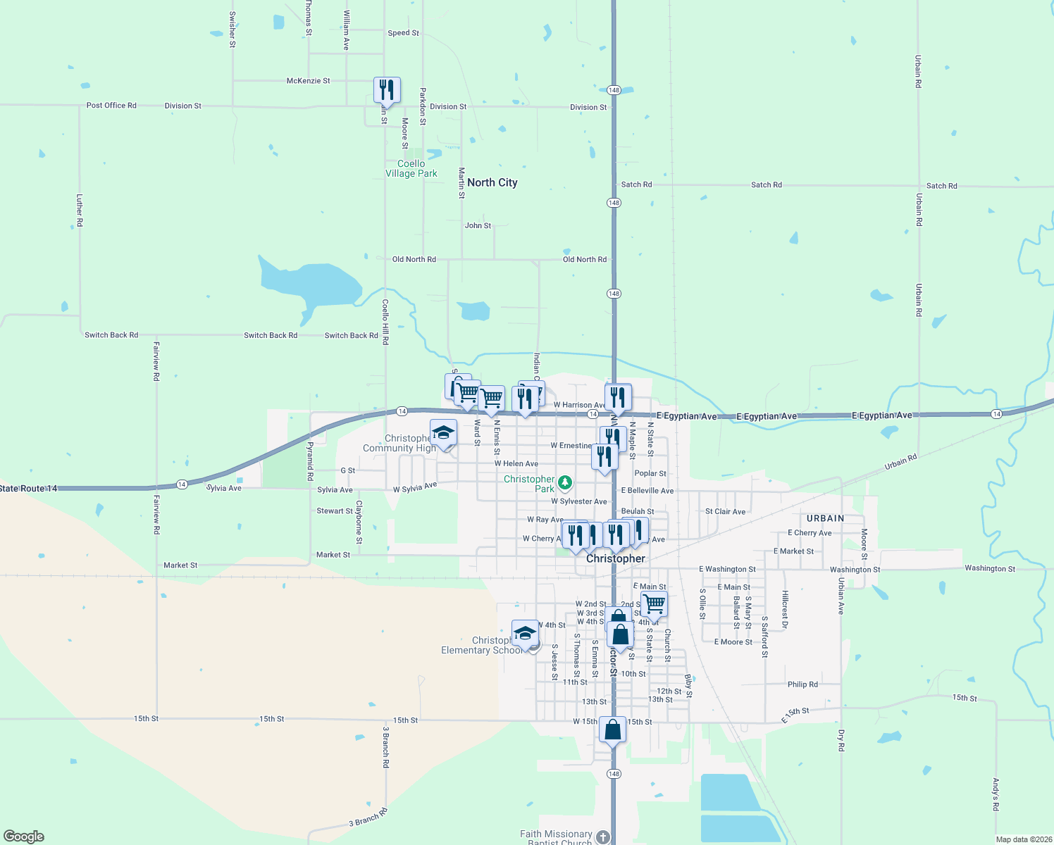 map of restaurants, bars, coffee shops, grocery stores, and more near 799 North Solomon Street in Christopher