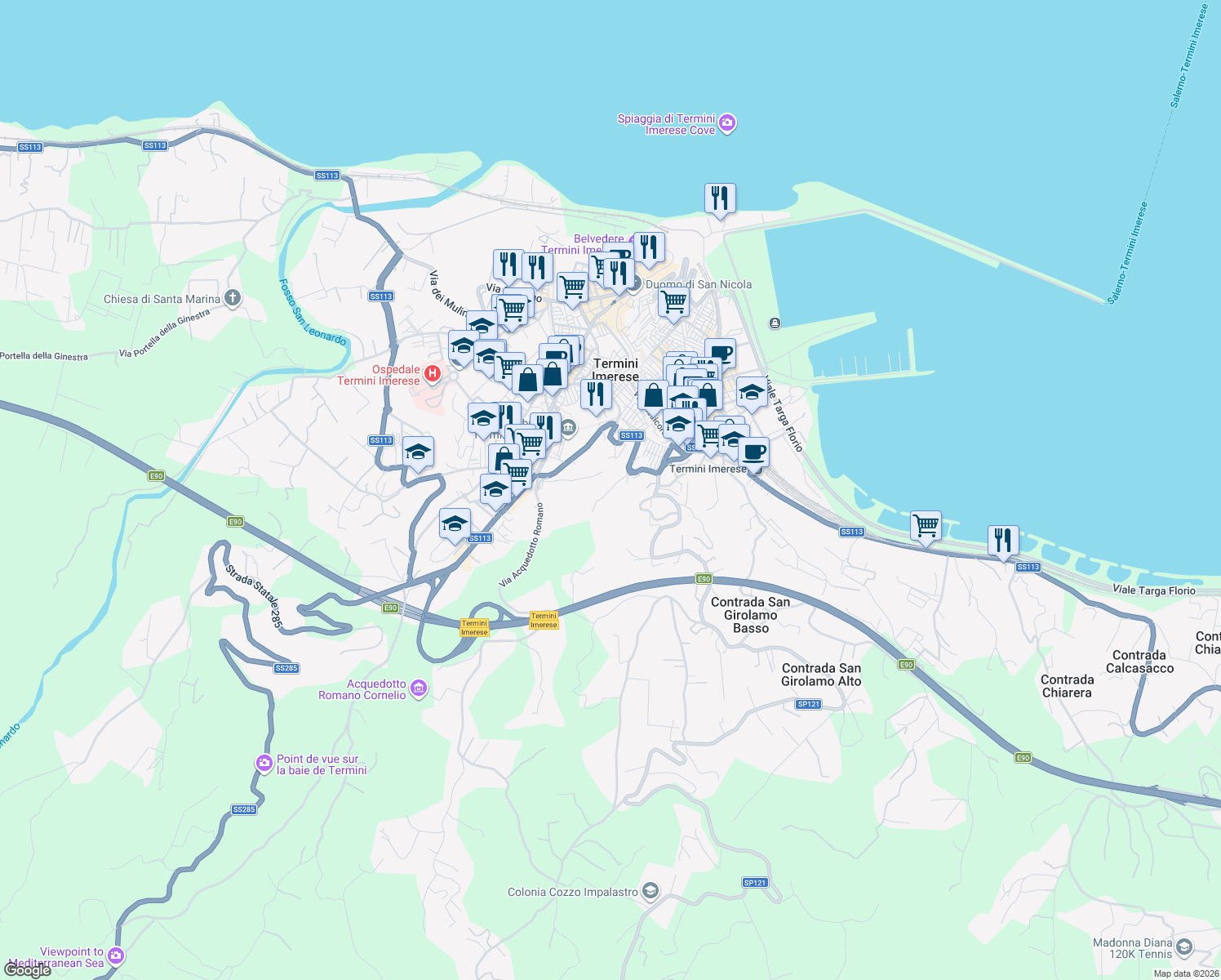 map of restaurants, bars, coffee shops, grocery stores, and more near Via Rosario Amodeo in Termini Imerese