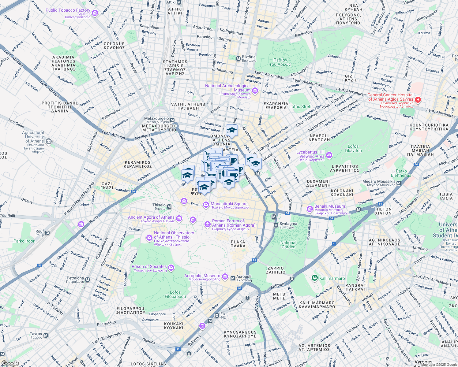 map of restaurants, bars, coffee shops, grocery stores, and more near in Athina