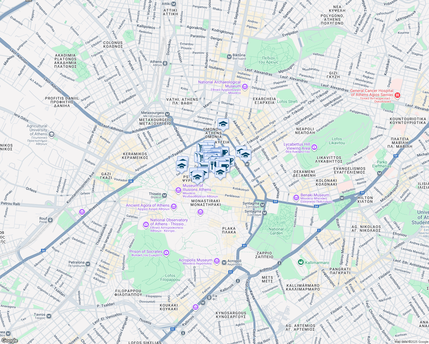 map of restaurants, bars, coffee shops, grocery stores, and more near in Athina